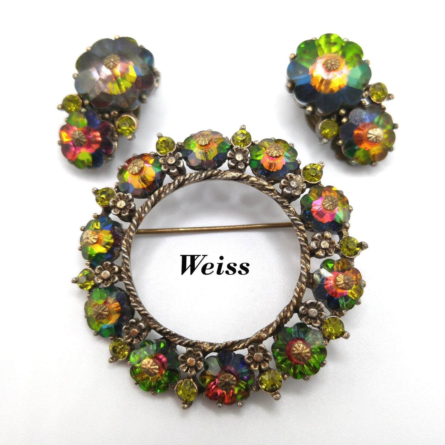 Vintage Weiss Margarita Rhinestone Brooch Earrings Set, Green Rhinestones, 1950s