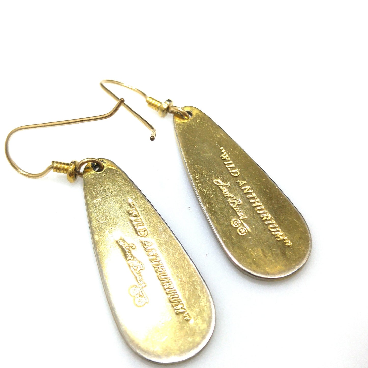 Laurel Burch "Wild Anthurium" Pink Dangle Earrings, Gold Plated, Cloisonné Enamel, 1980s Vintage Jewelry
