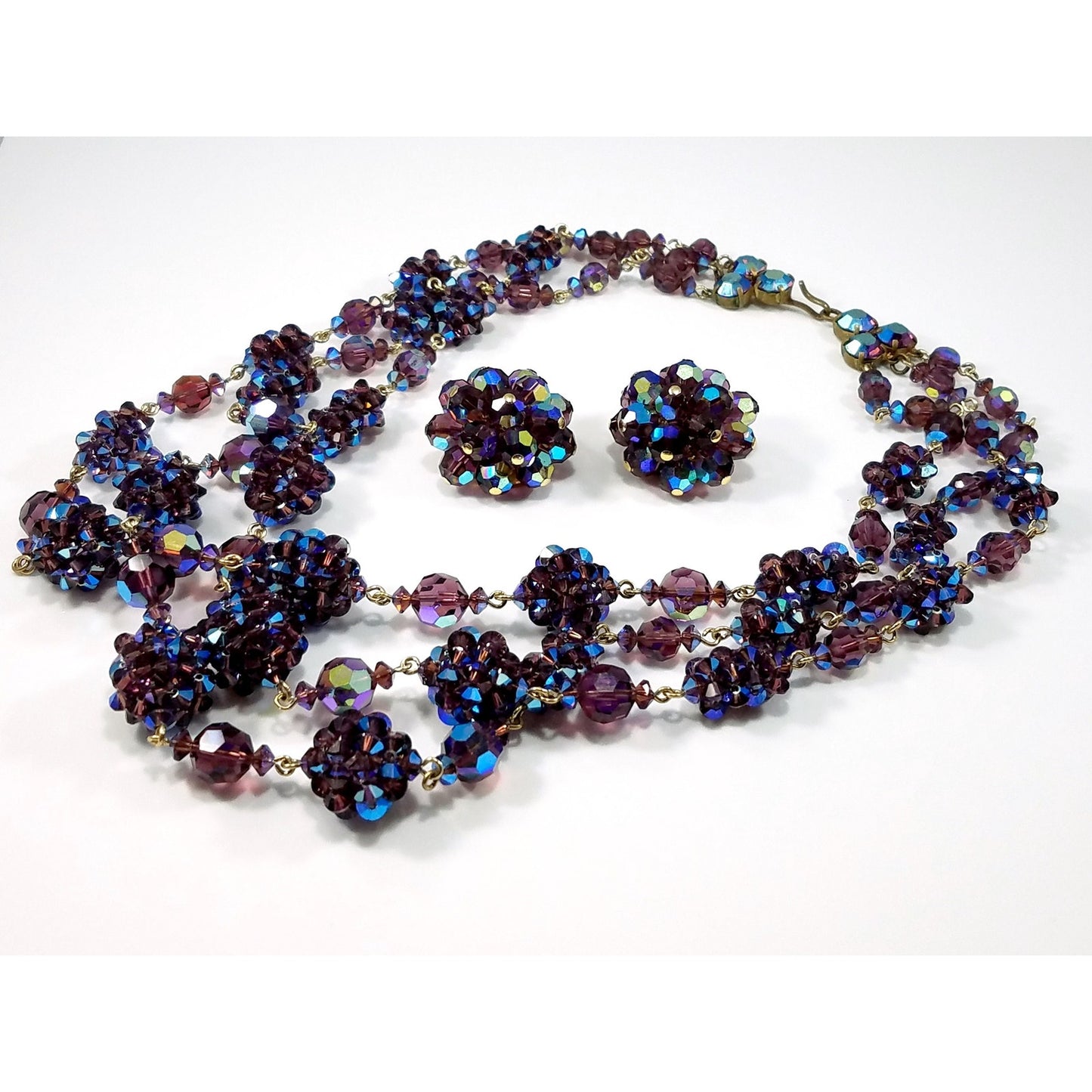 Vintage French Purple Crystal Cluster Necklace Clip Earrings Set, Made in France, 1950s