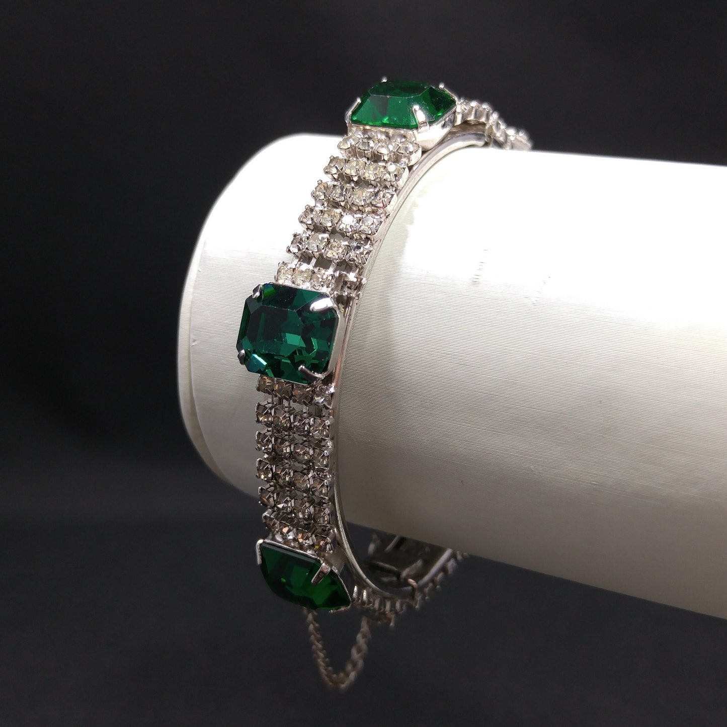 Kramer Green Rhinestone Hinged Bracelet, Safety Chain, 1960s Vintage Jewelry