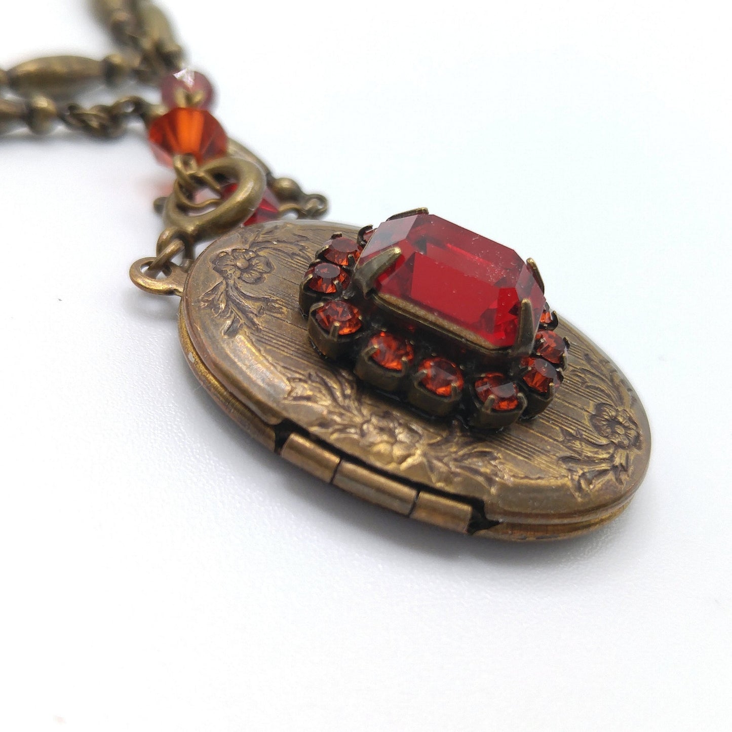 Vintage Liz Palacios SF Necklace – Red Pink Rhinestone Locket Pendant, 2 Strand