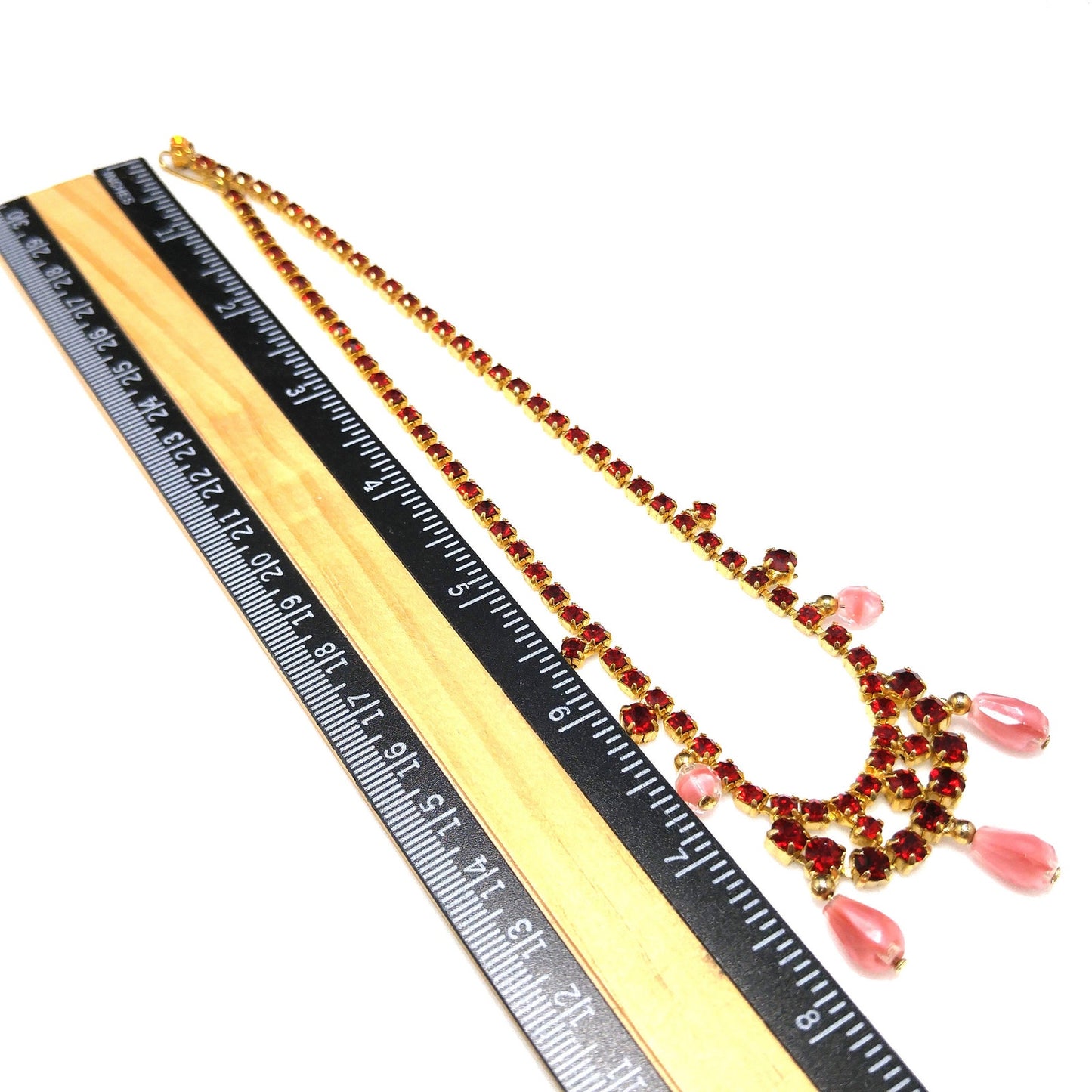 Red Rhinestone Pink Bead Choker Necklace, Gold Plated, 1950s Vintage Jewelry