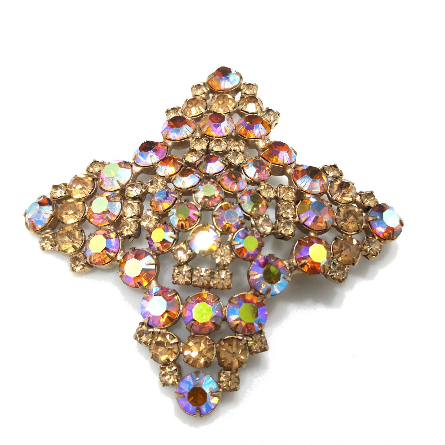 Topaz Glass Rhinestone Large Brooch, Aurora Borealis, 1960s Vintage Jewelry