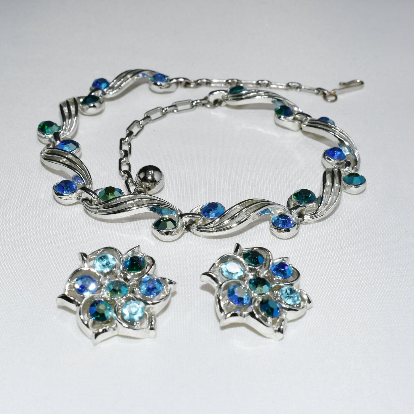 Blue Aurora Borealis Rhinestone Choker Necklace Earrings, Rhodium Plated, 1950s Vintage Jewelry