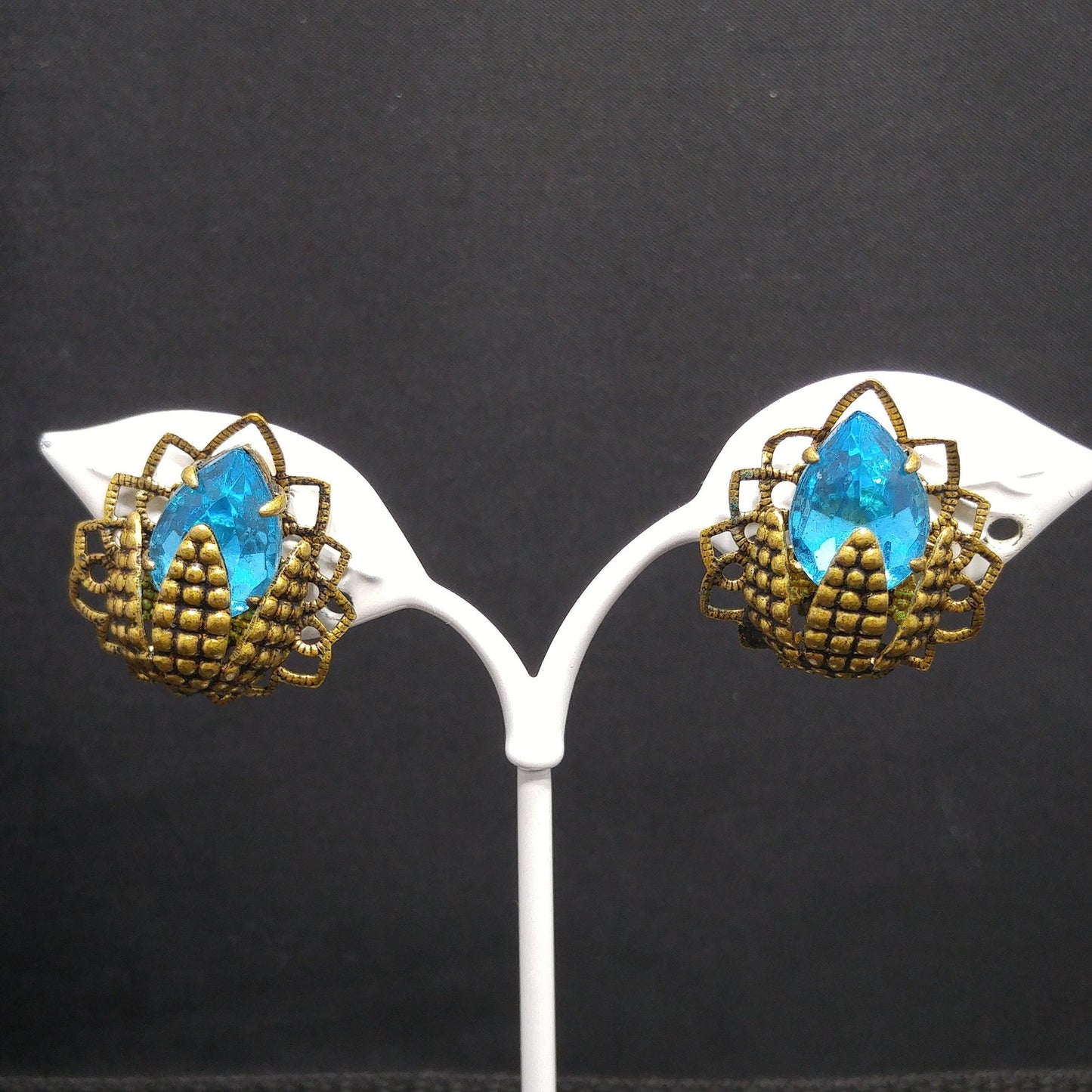 Germany Turquoise Filigree Clip Earrings, Large Rhinestone, 1940s Vintage Jewelry