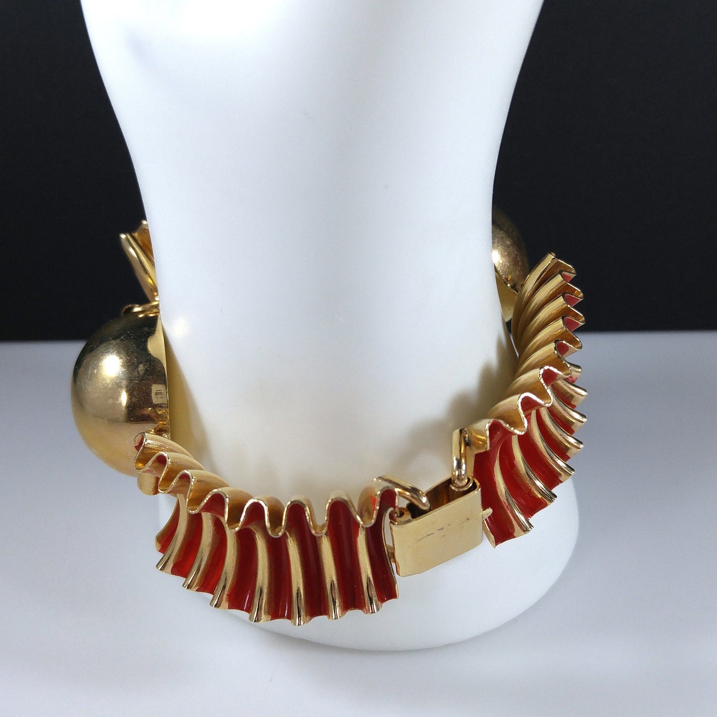 Red Enamel Ribbon Bracelet, Mid Century Modern, Gold Plated, 1950s Vintage Jewelry