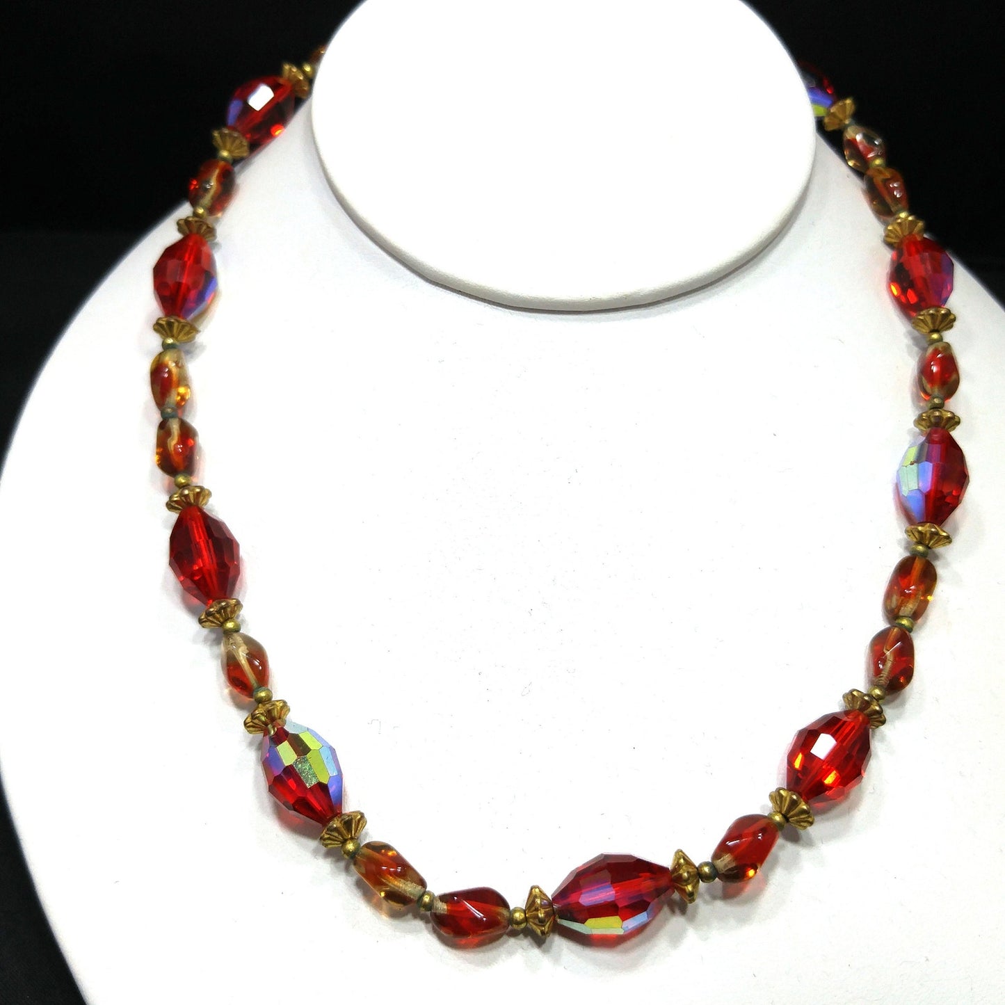 Vintage Red AB Crystal & Art Glass Bead Necklace 1950s Faceted Single Strand 17"