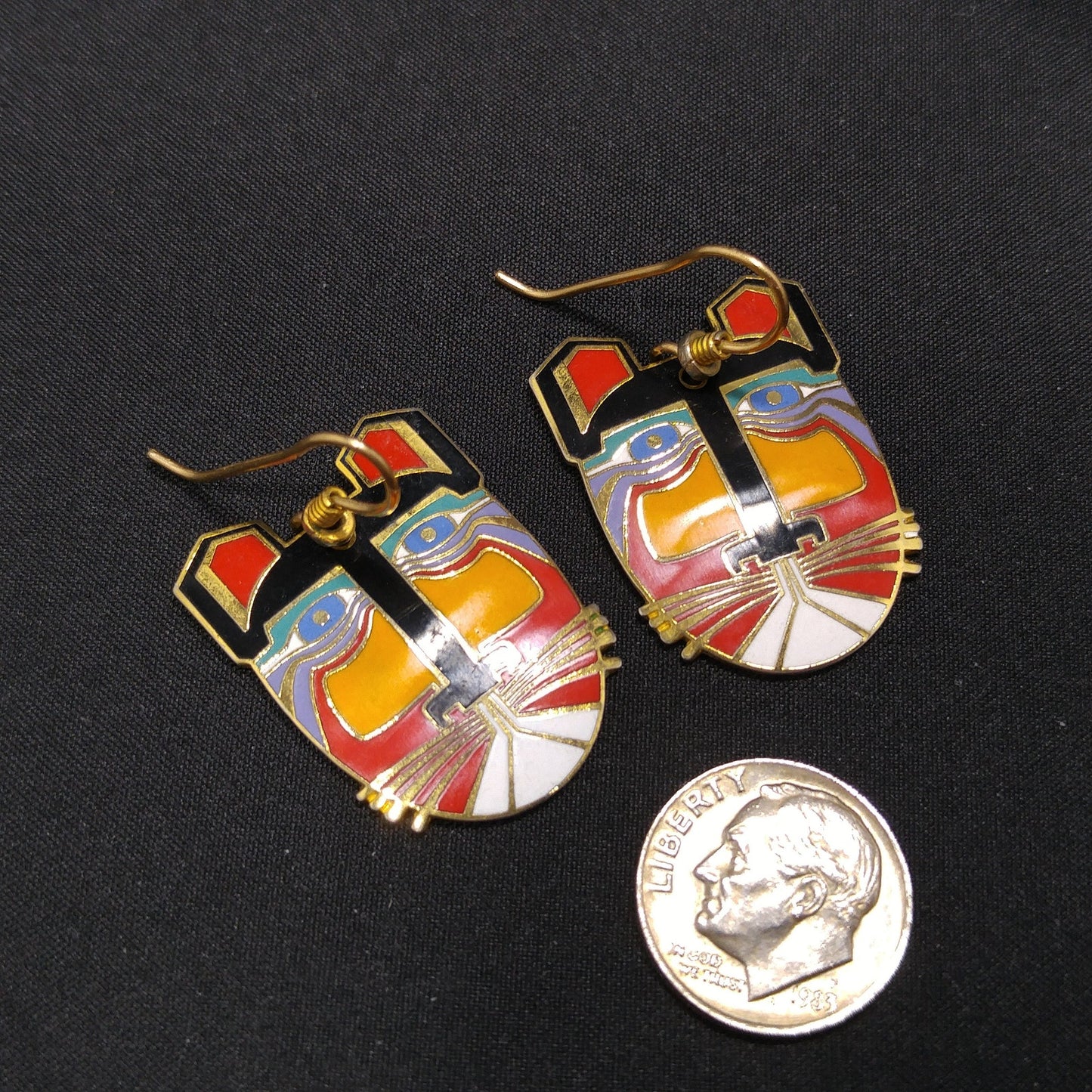 Laurel Burch "Miikio" Earrings, Gold Plated Enamel Large Cat Faces, 1980s Vintage Jewelry