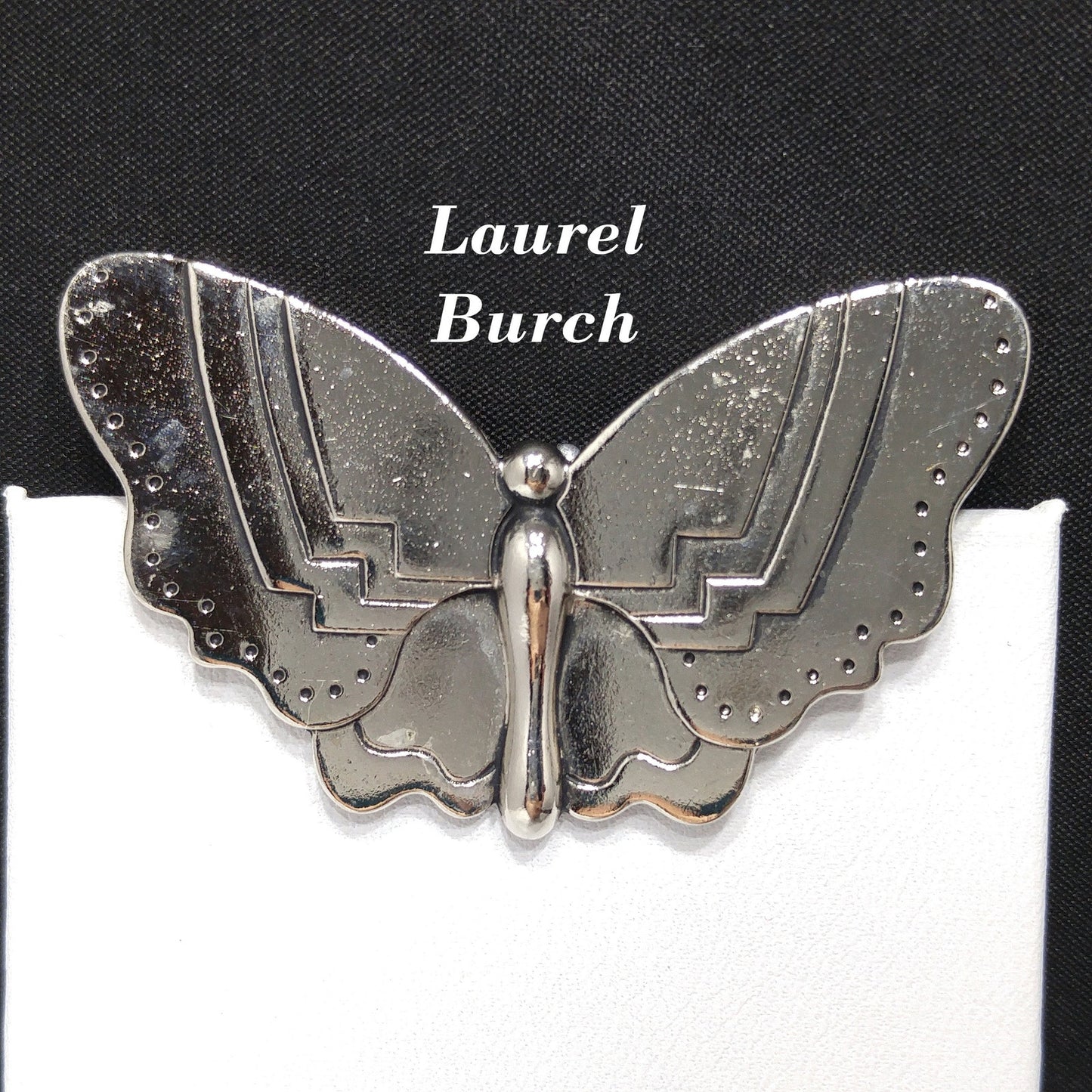 Laurel Burch Butterfly Brooch, Rhodium Plated, Black Enamel, 1980s Vintage Jewelry