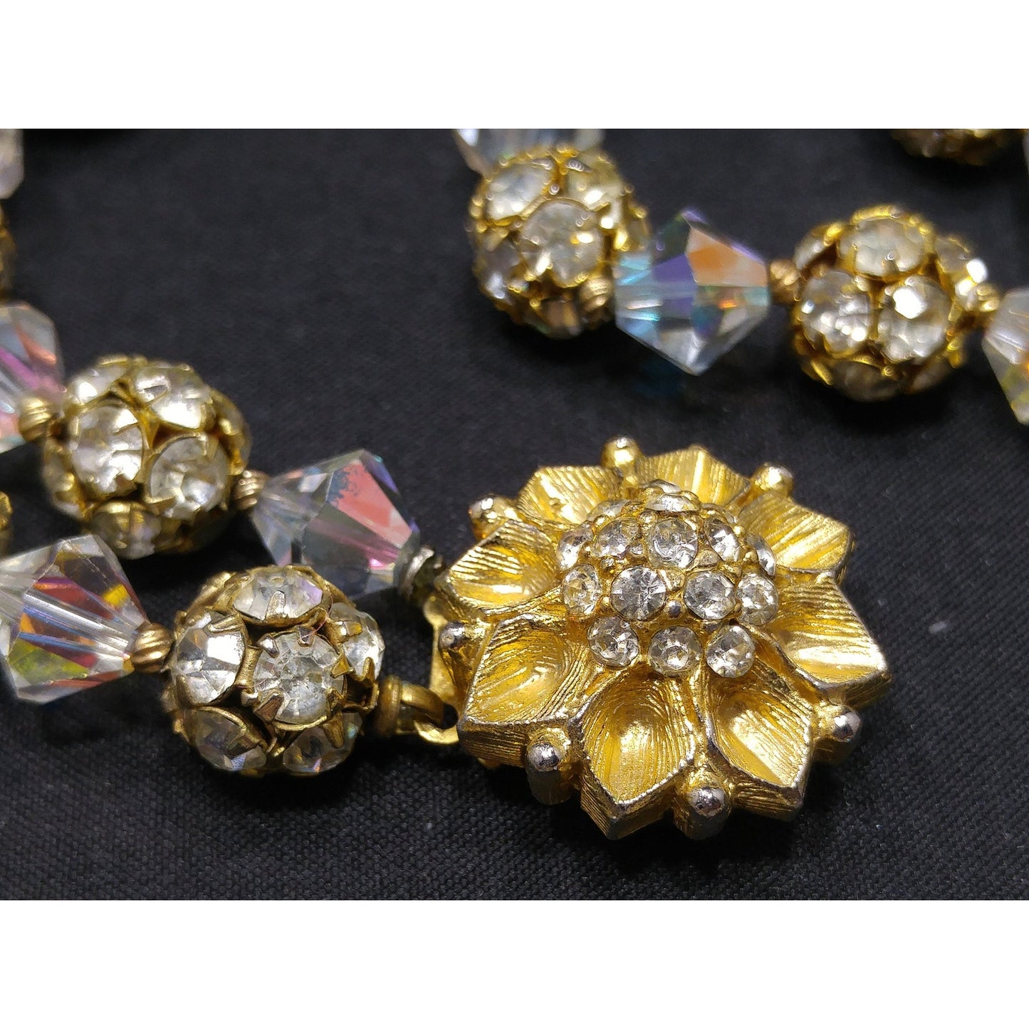 Vintage 1960s AB Crystal Rhinestone Gold Floral Clasp Two Strand Necklace