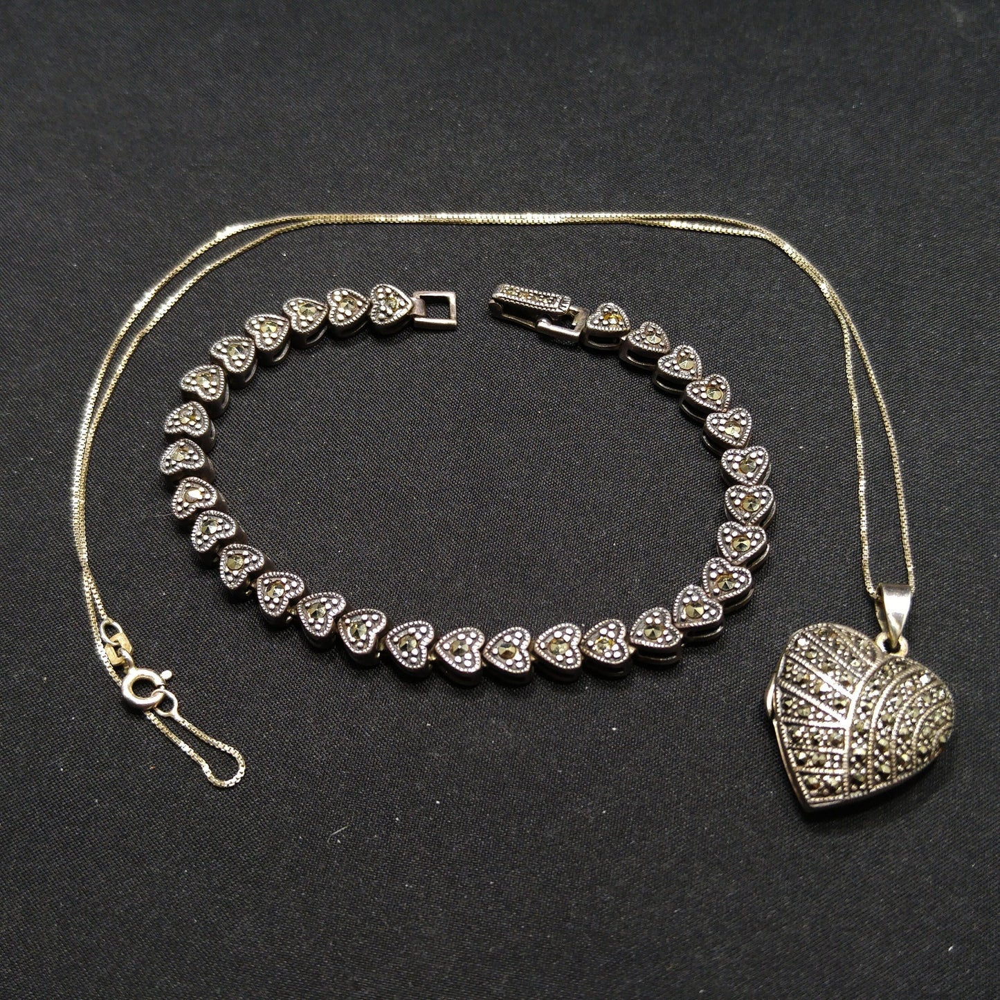 Marsala Silver Heart Locket Necklace & Bracelet, 925 Box Chain, 1980s Vintage Jewelry