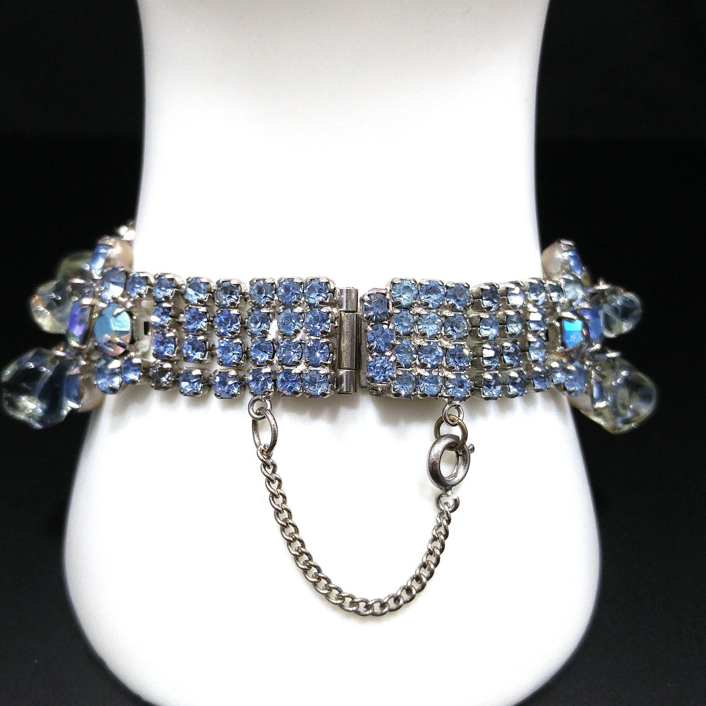 Light Blue AB Rhinestone Bracelet, Glass Dangle Clear Beads, Rhodium Plated, 1950s Vintage Jewelry