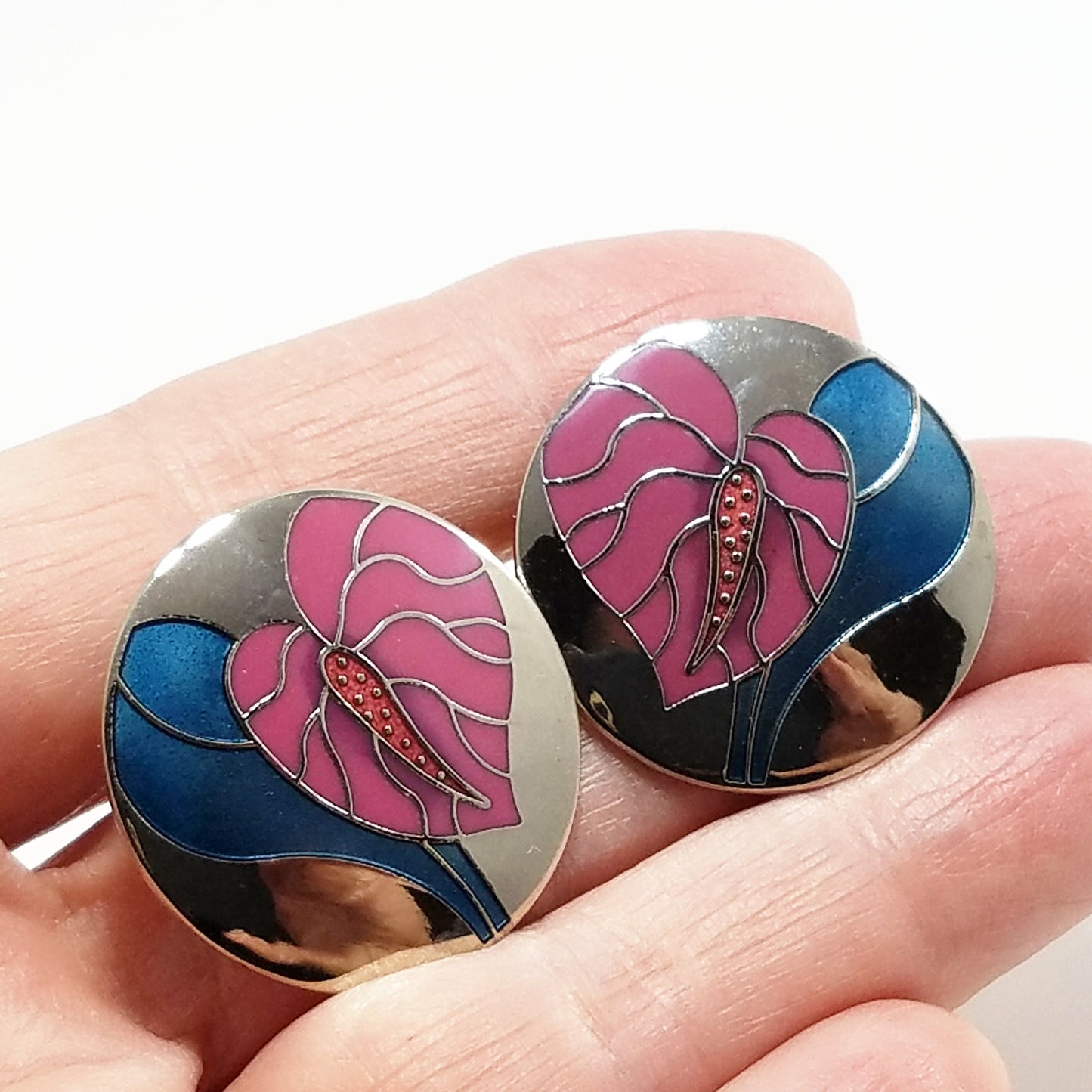 Vintage Laurel Burch "Antherium" Earrings Post Enamel Pink 1980s Vintage Jewelry