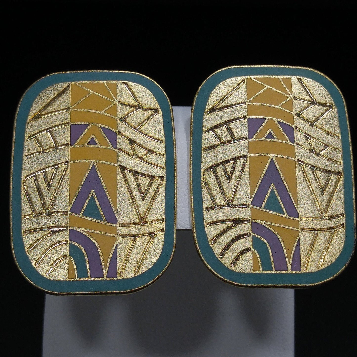 Laurel Burch "Senegal" Large Post Earrings, Cloisonné Gold Plated Enamel, 1980s Vintage Jewelry