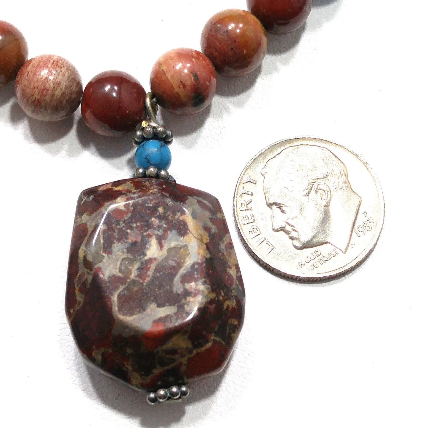 Gemstone Pendant Beaded Necklace, Red Jasper, 1980s Vintage Jewelry