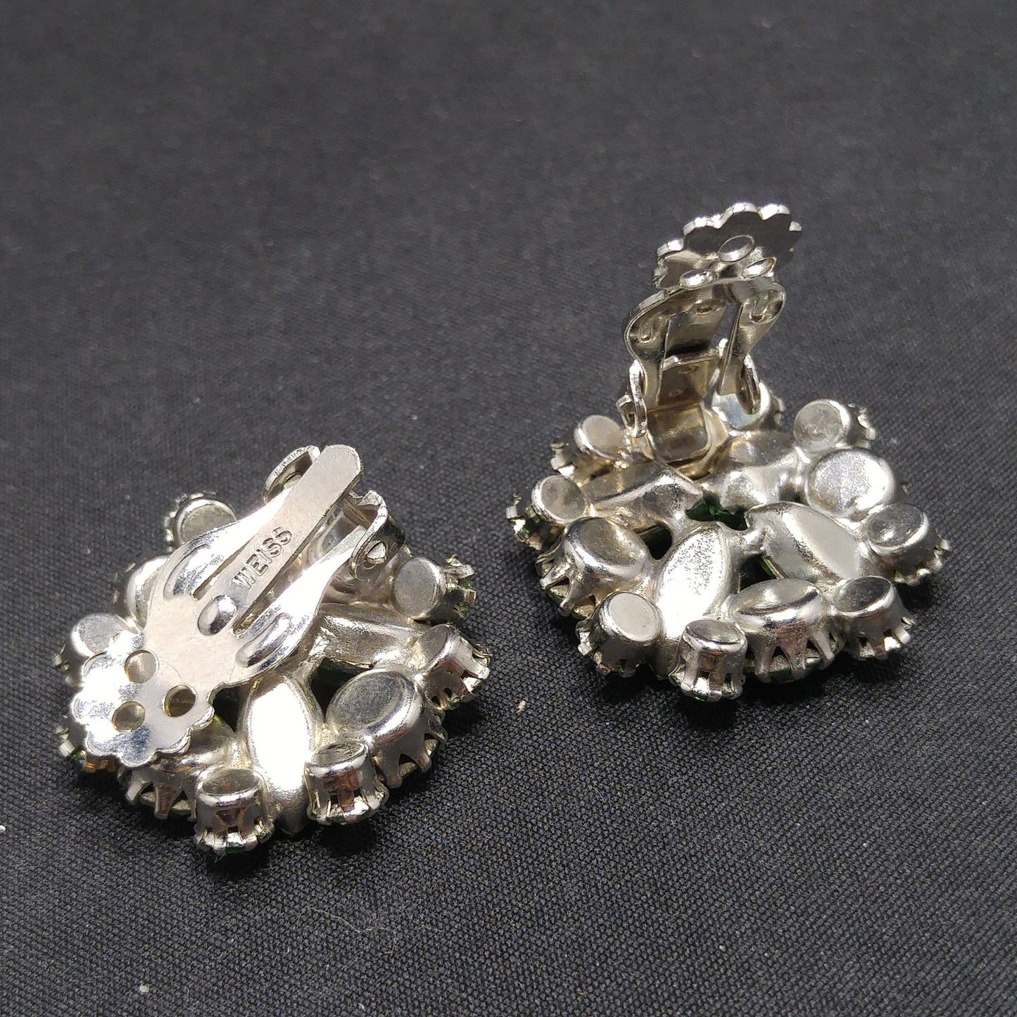 Weiss Peridot Green Rhinestone Clip Earrings, Rhodium Plated, 1960s Vintage Jewelry