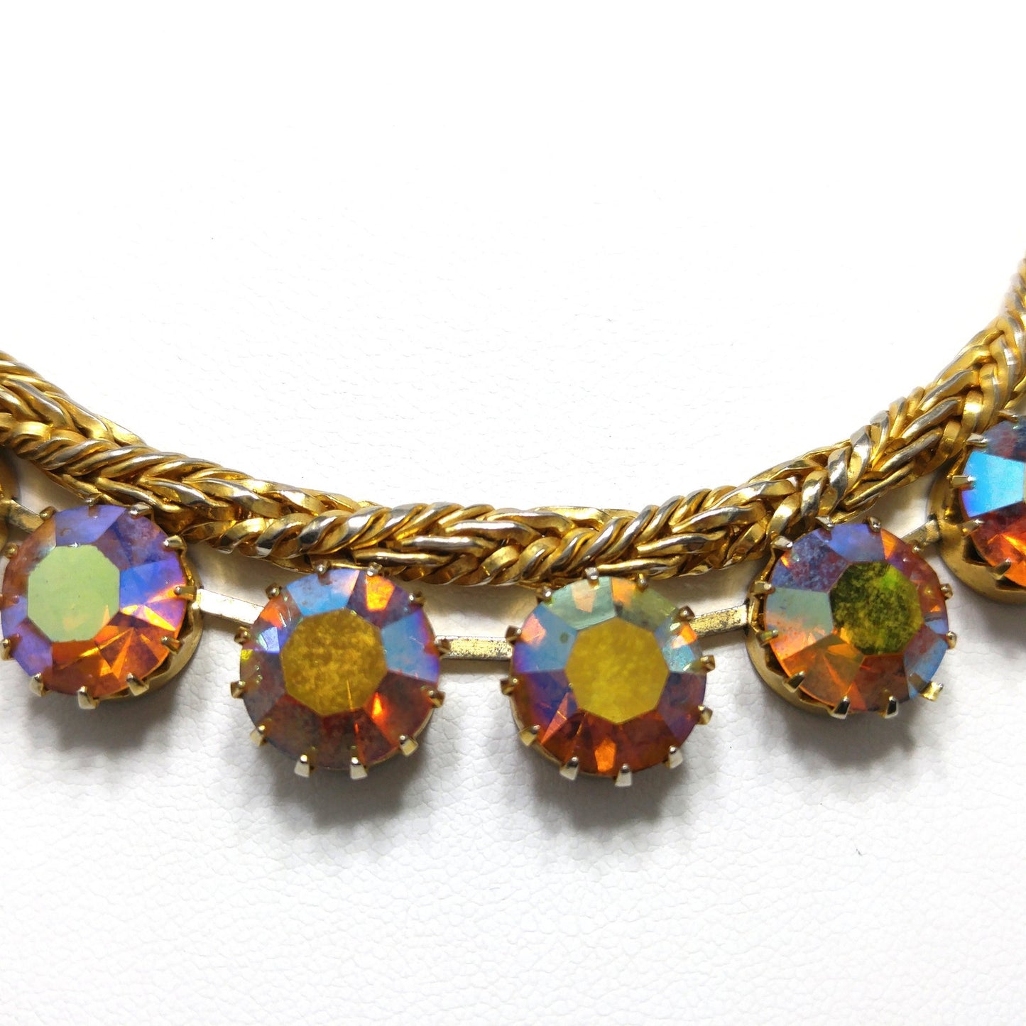 Hattie Carnegie Gold Rhinestone Necklace, Rope Chain Aurora Borealis, 1960s Vintage Jewelry