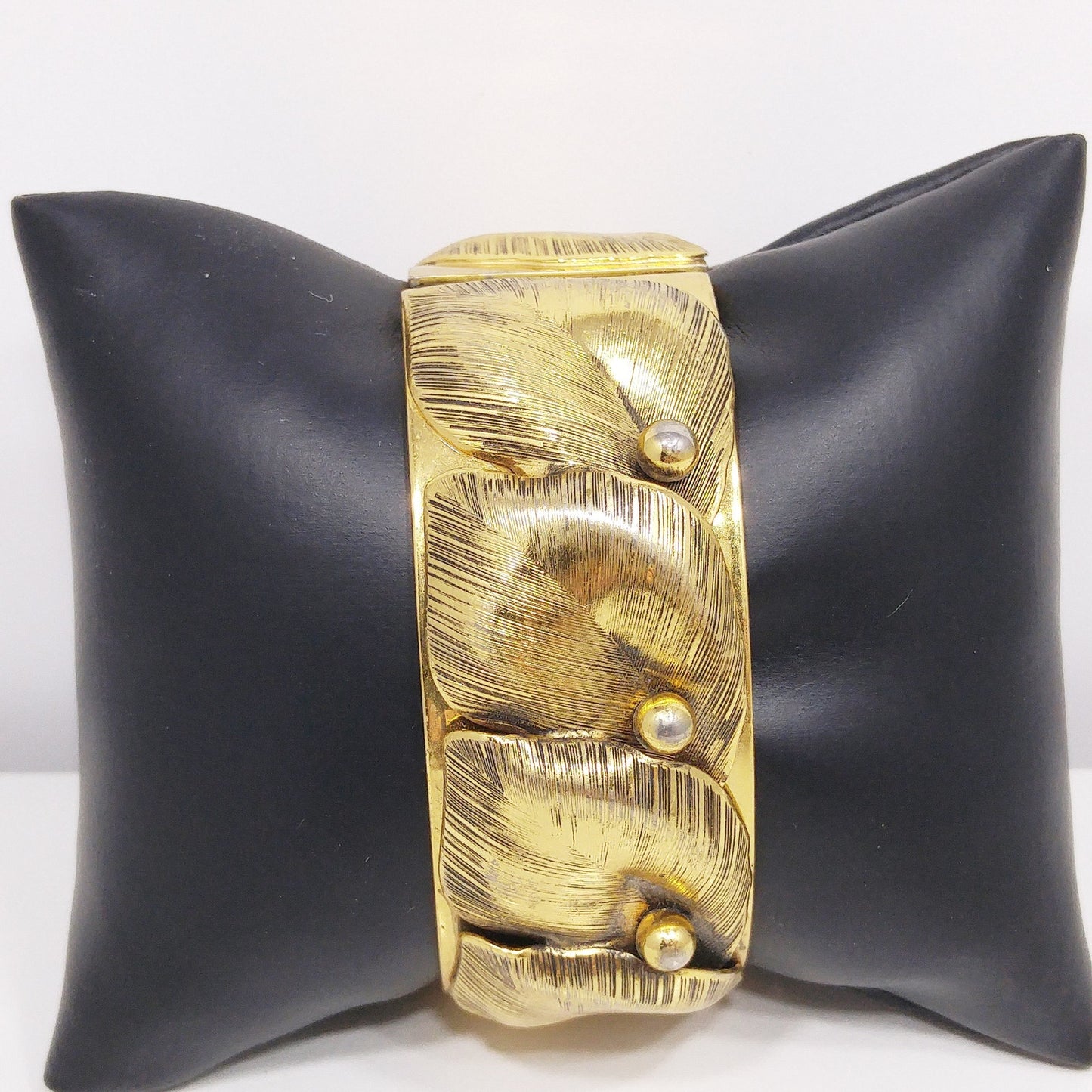 Whiting & Davis Gold Plated Leaf Bracelet, Hinged Wide Clamper, 1950s Vintage