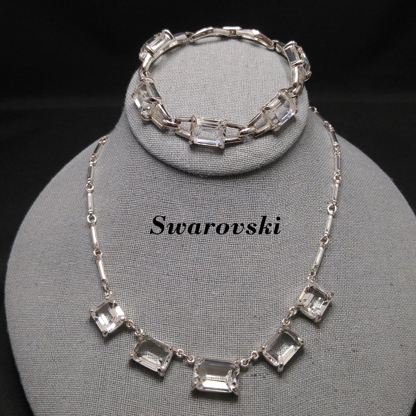 Vintage Swarovski Swan Logo Emerald Cut Crystal Necklace & Bracelet Set 1990s
