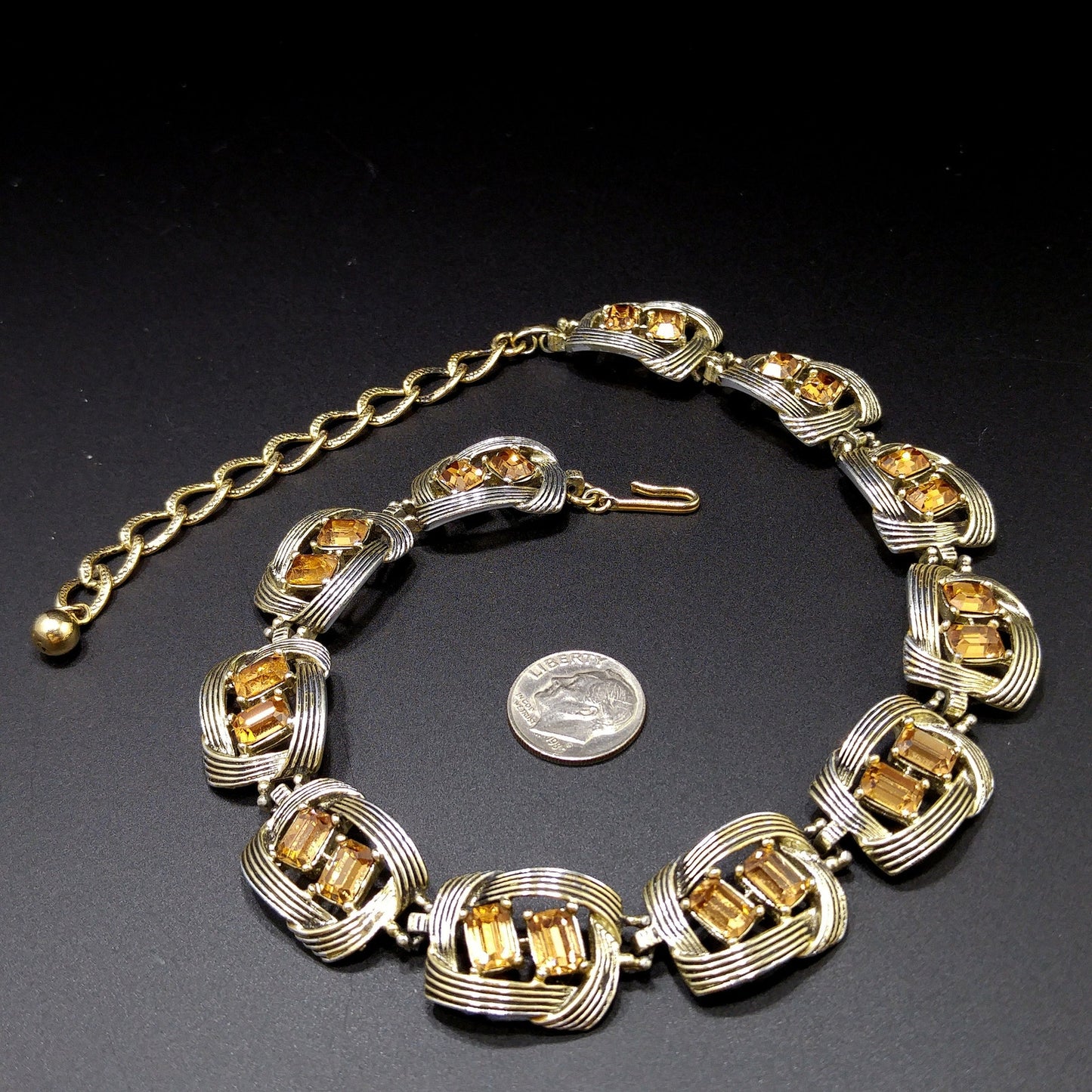 Kramer Topaz Rhinestone Choker Necklace, Gold Plated Black Enamel, 1950s Vintage Jewelry