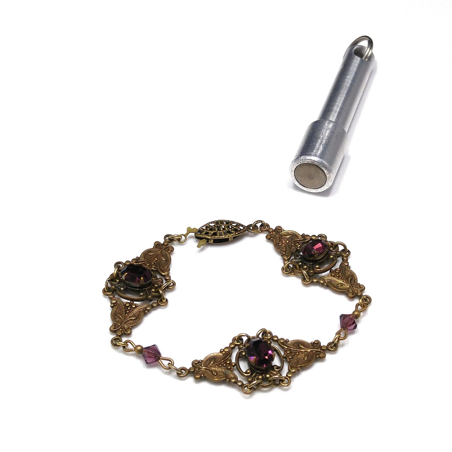 Sadie Green Art Nouveau Purple Bracelet, Golden Brass & Faux Amethyst, 6 3/4" Length, 1980s Vintage Jewelry