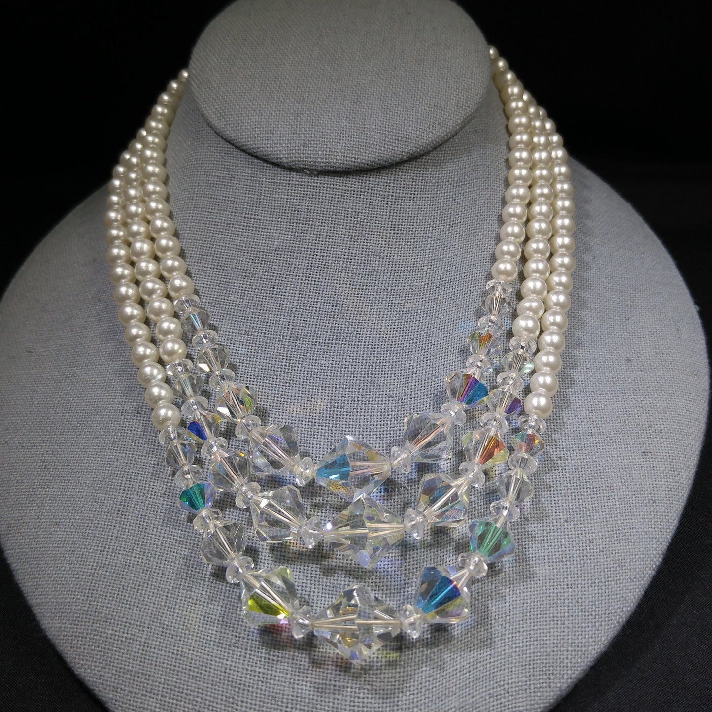 Faux Pearl AB Crystal Beaded Necklace, 3 Strands, 1950s Vintage Jewelry