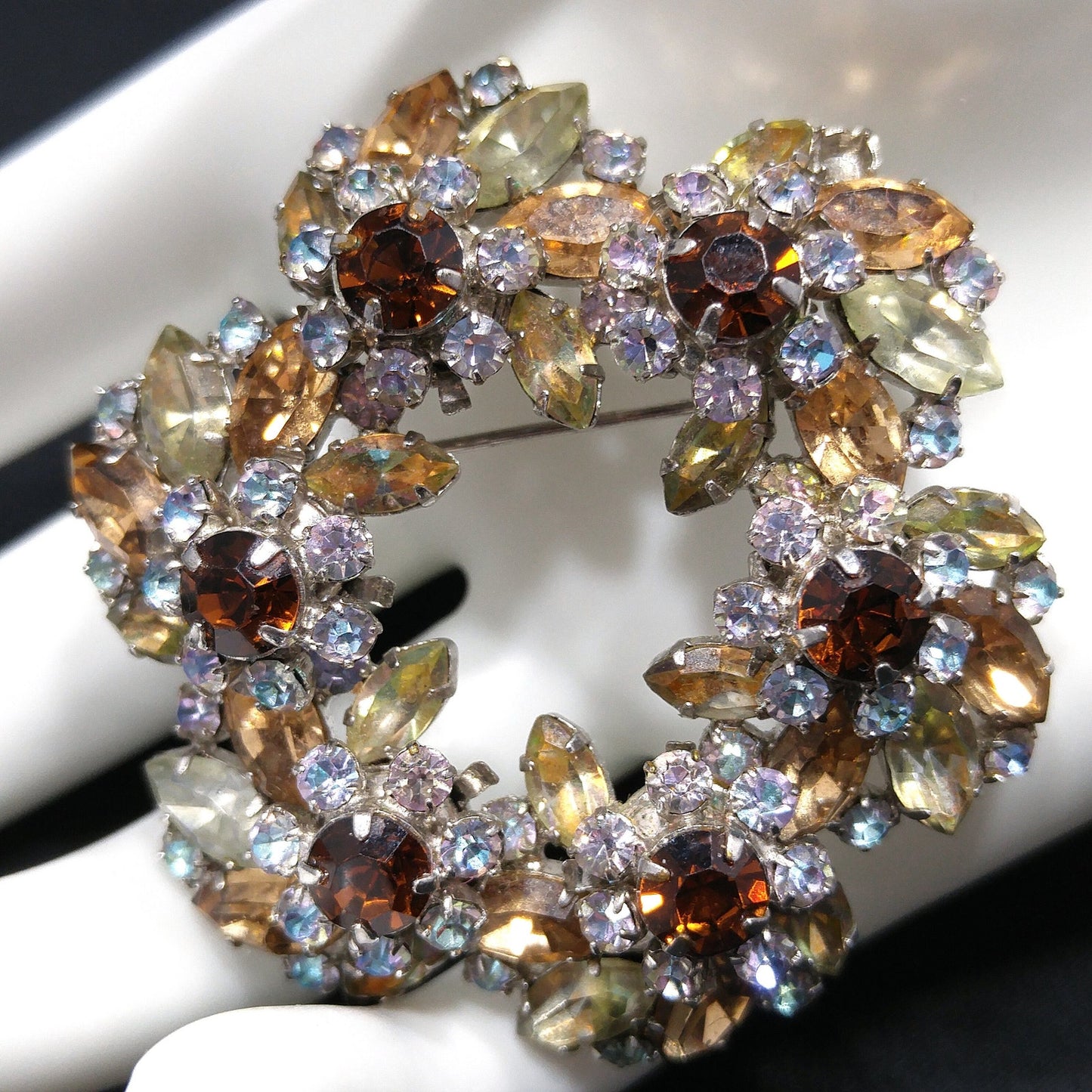 Austrian Floral Wreath Crystal Brooch, Rhodium Plated, 1960s Vintage Jewelry