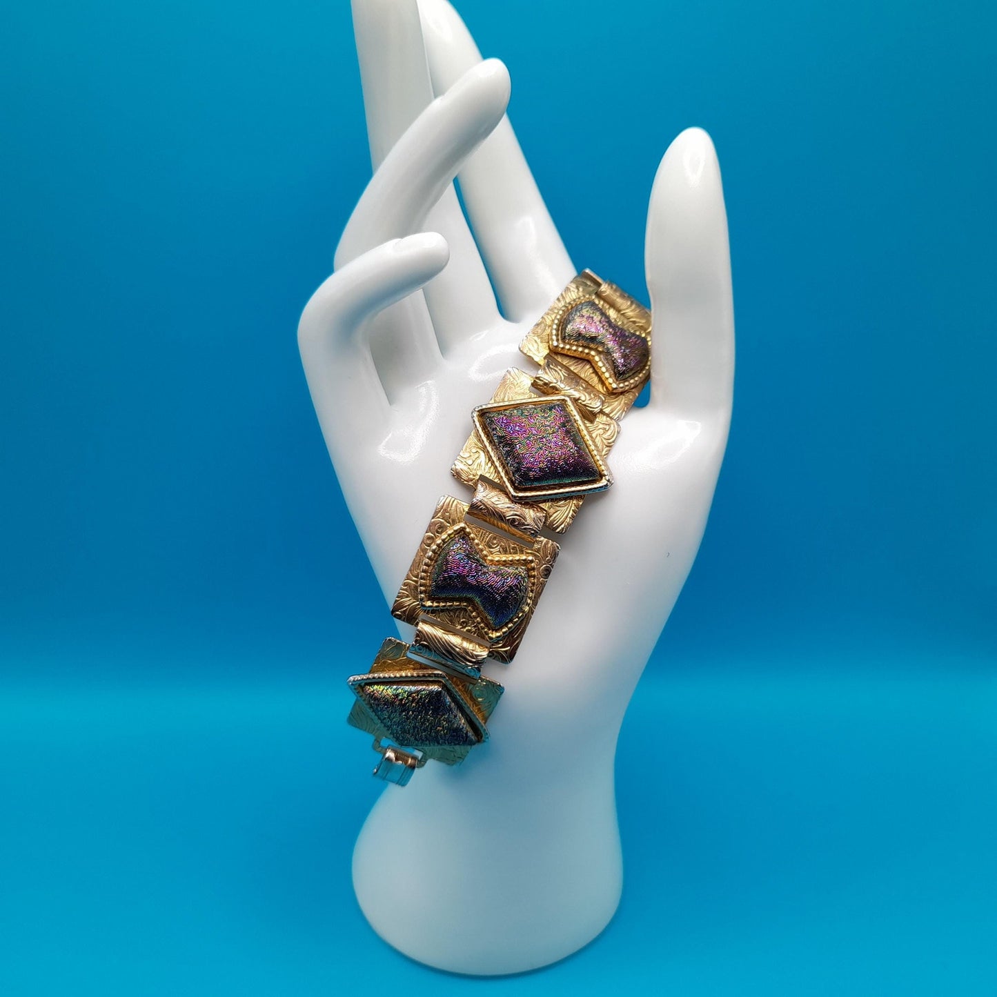 Vintage Dichroic Glass Book Chain Bracelet, Gold Tone, Iridescent Stones, 1950s, 7"