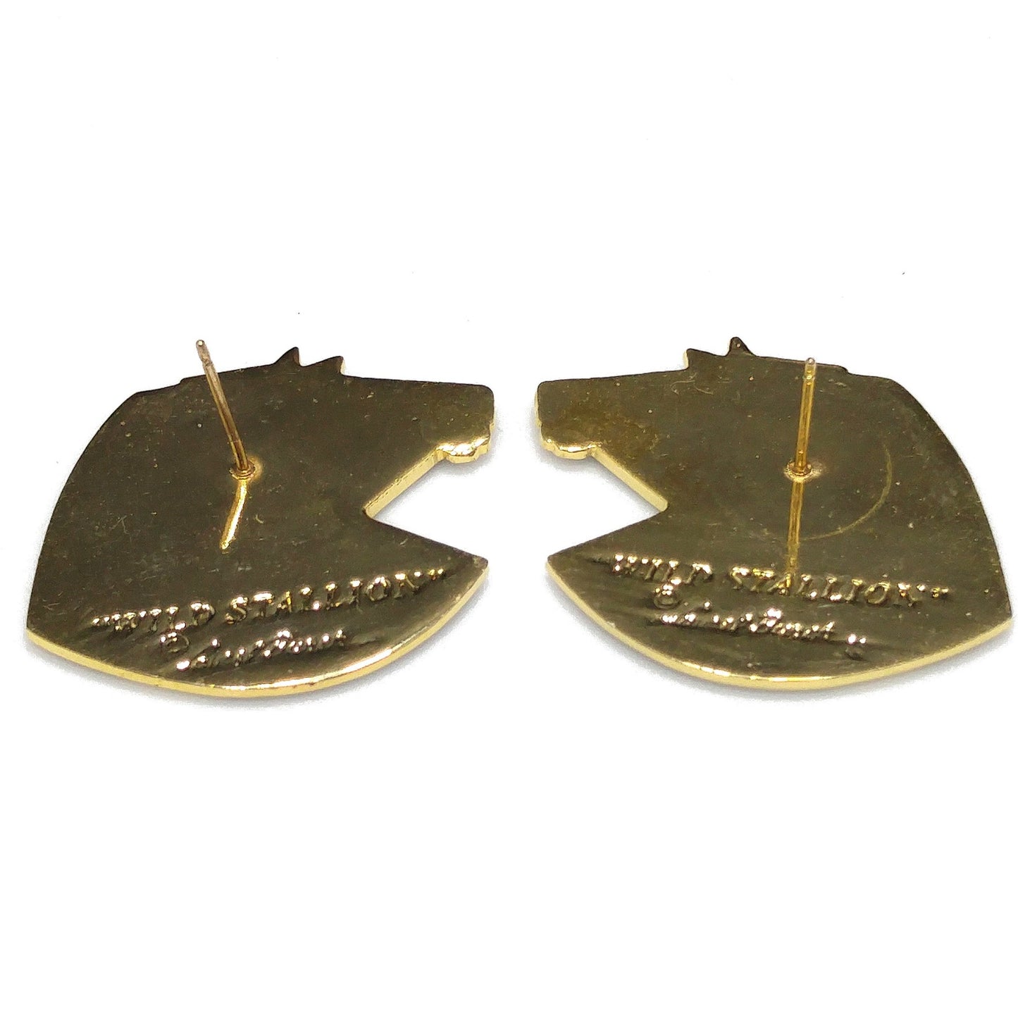 Laurel Burch "Wild Stallion" Post Earrings, Gold Plated Black Teal Enamel, 1980s Vintage Jewelry