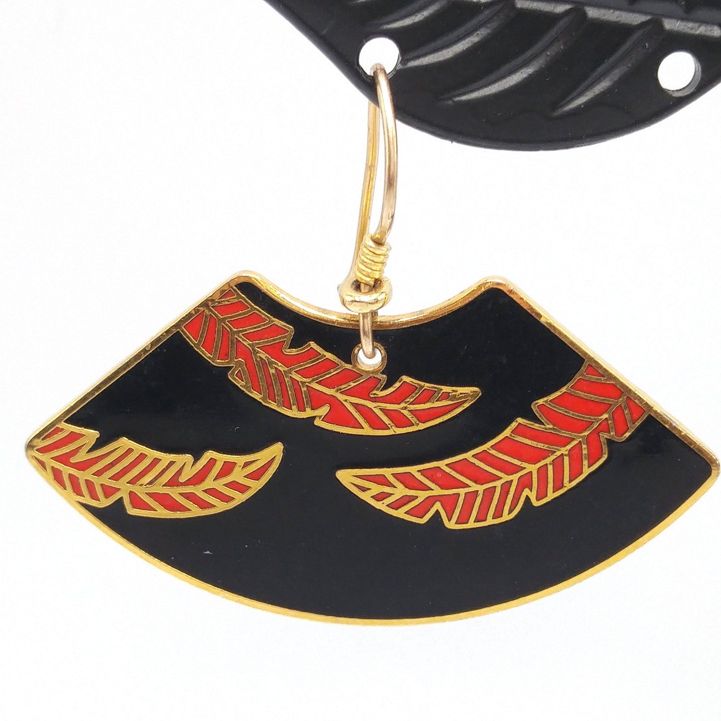 Laurel Burch "Palm Leaves" Earrings, Red Black Enamel, Gold Plated, 1980s Vintage Jewelry