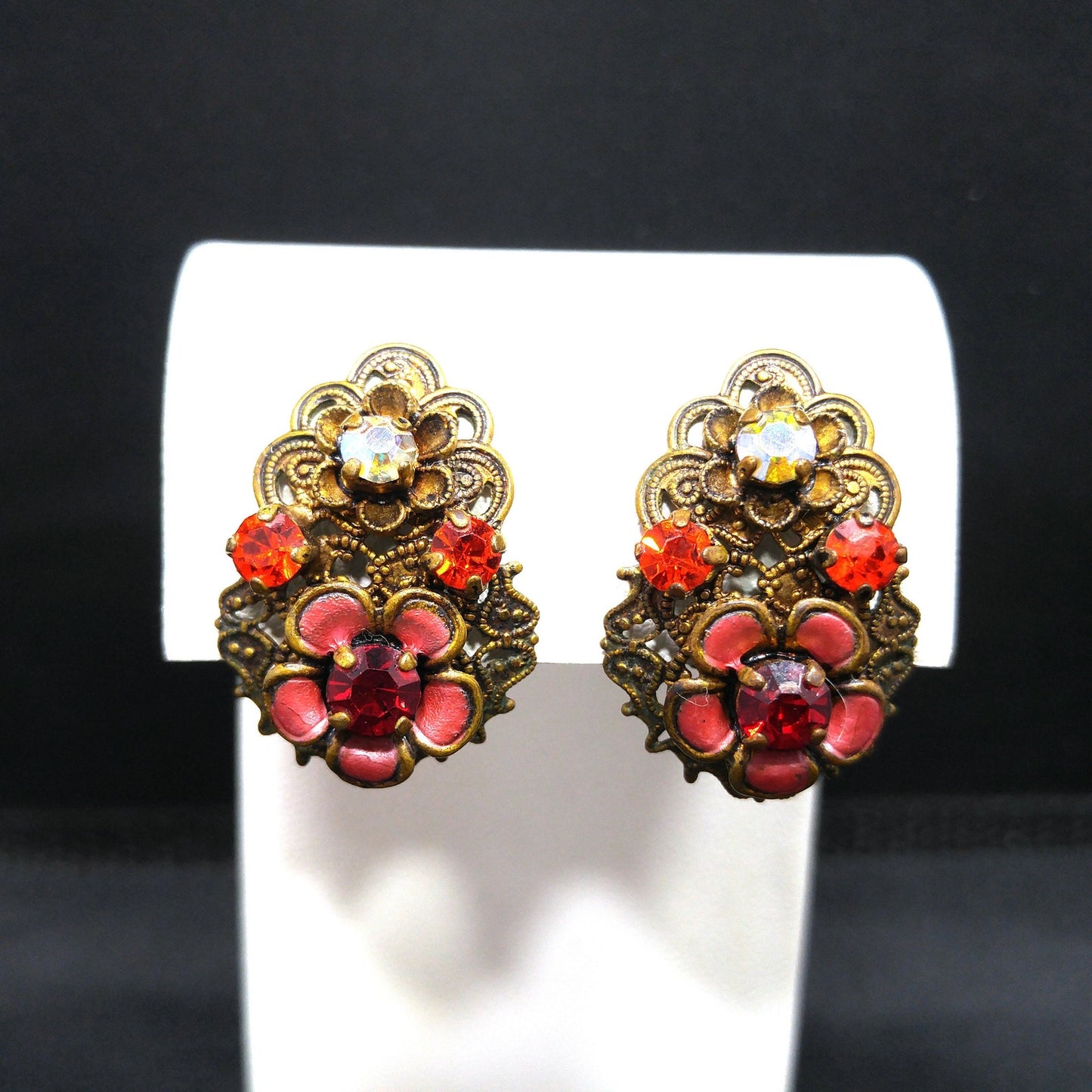 Germany Red Orange Filigree Clip Earrings, Enamel Flowers, 1940s Vintage Jewelry