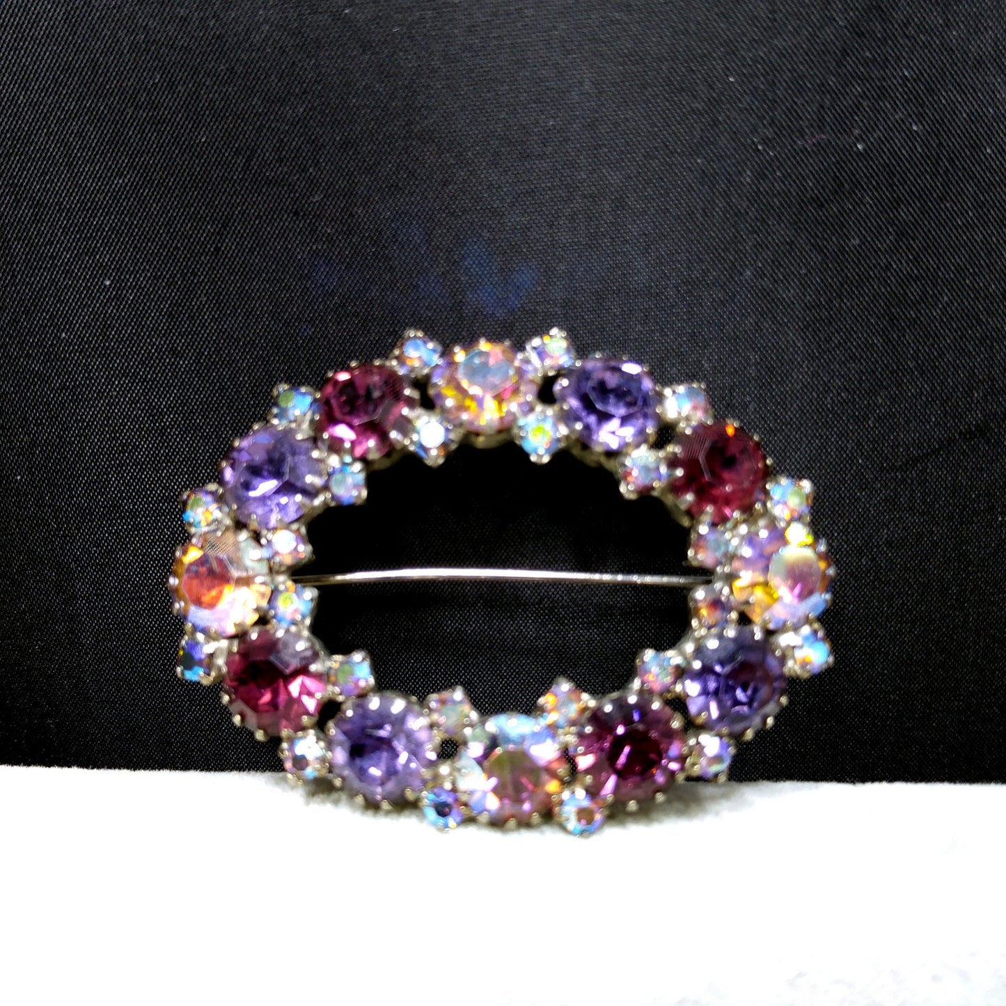 Oval Purple Aurora Borealis Lavender Rhinestone Brooch, Dog-toothed Prong Set, 1960s Vintage Jewelry