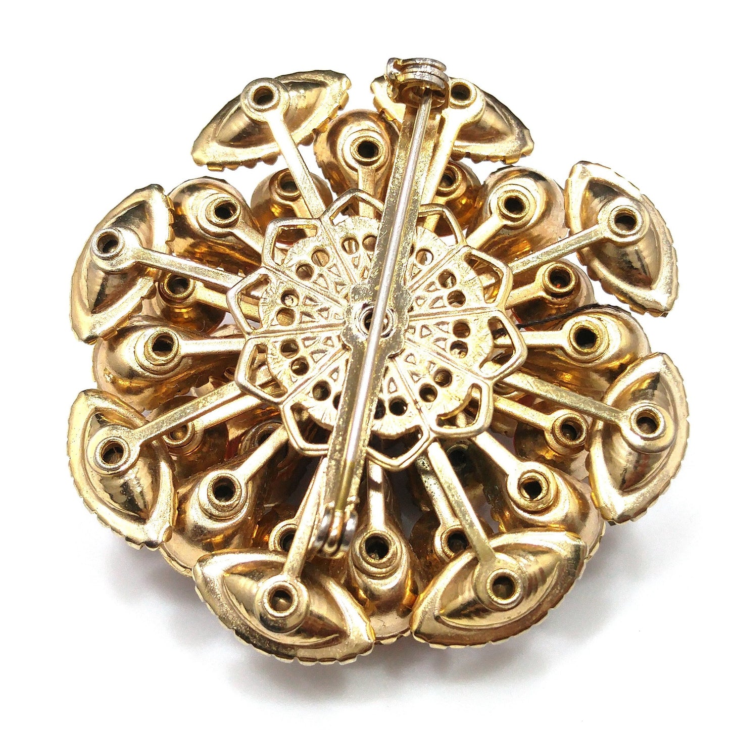 Autumn Fall Rhinestone Flower Brooch, Riveted Design, 1950s Vintage Jewelry
