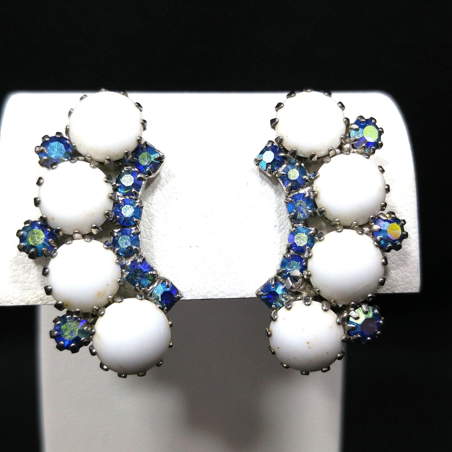 Weiss Aurora Borealis Blue Rhinestone Clip Earrings, White Milk Glass Cabochons, Ear Climbers, 1960s Vintage Jewelry