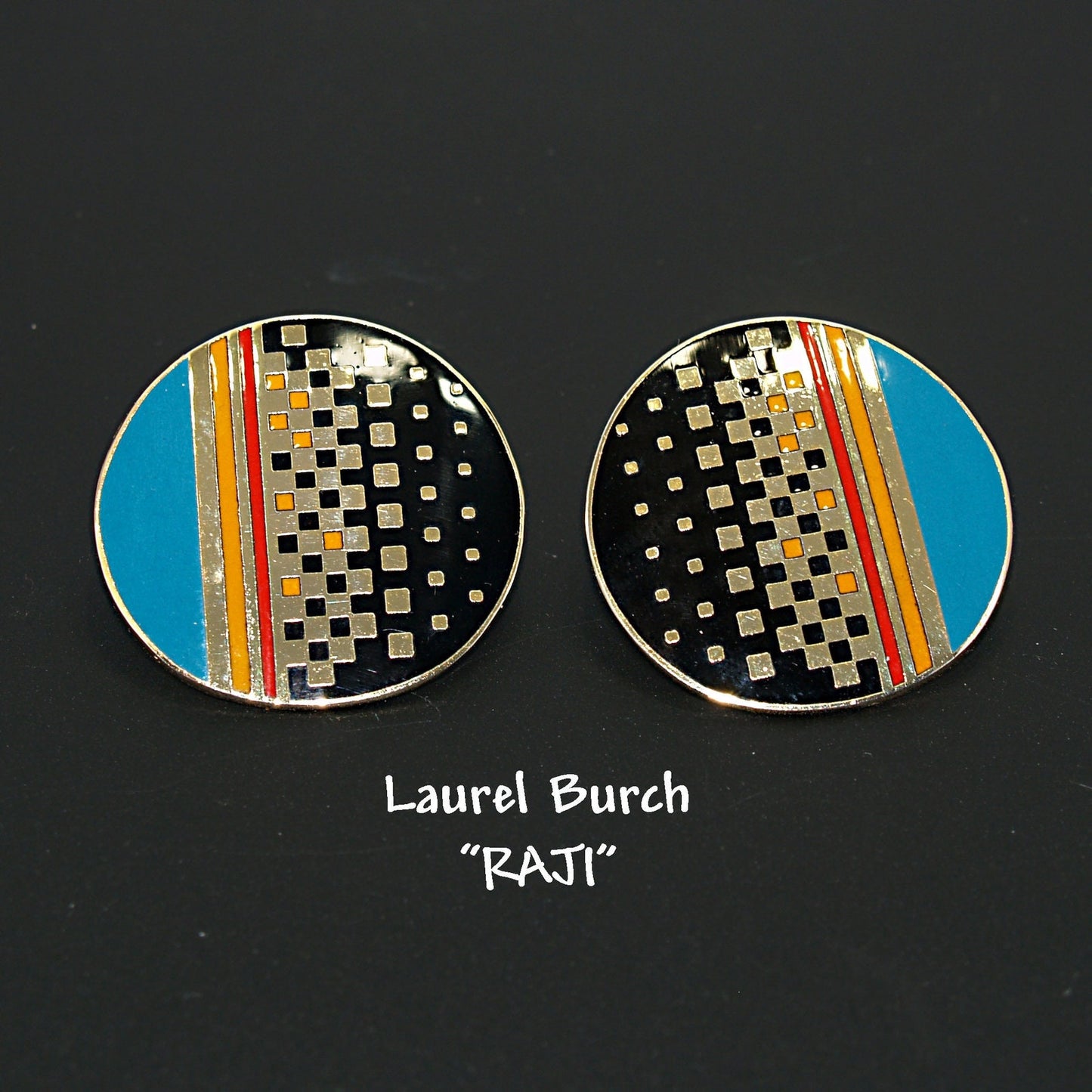 Laurel Burch "RAJI" Post Earrings, Round Enamel Cloisonne, Geometric Design