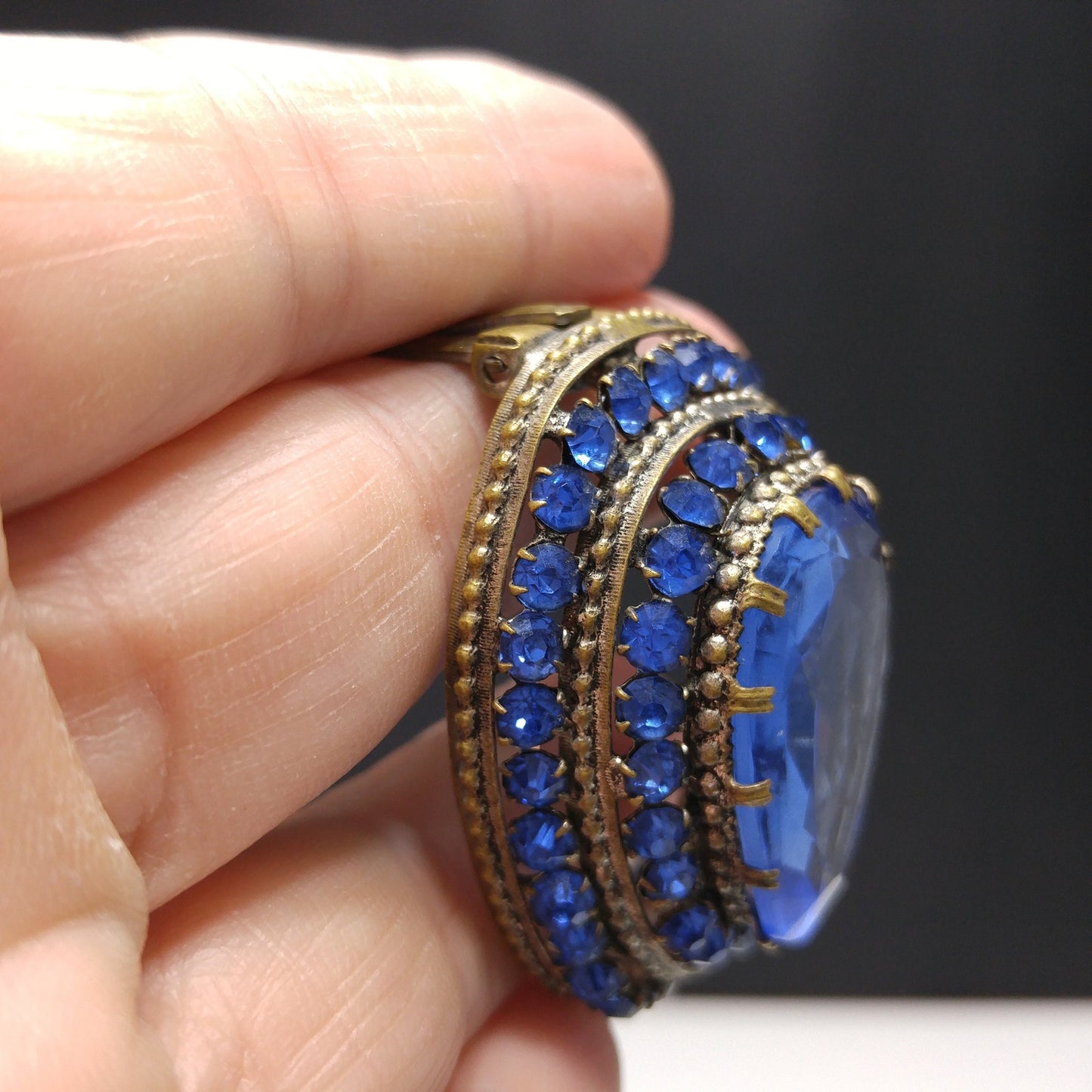 Czech Blue Glass & Rhinestone Dress Clip, 1940 Vintage Jewelry