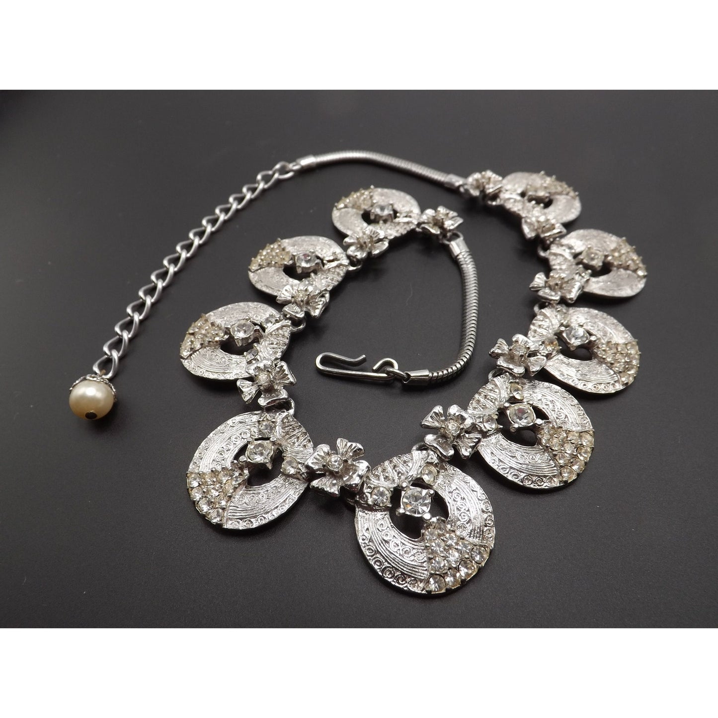 Hobe' Rhodium Plated Clear Rhinestone Choker Necklace, 17 Inches, 1960s Vintage Jewelry