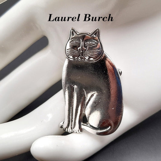 Vintage Laurel Burch Cat Brooch, Rhodium Plated, 1980s Vintage Jewelry
