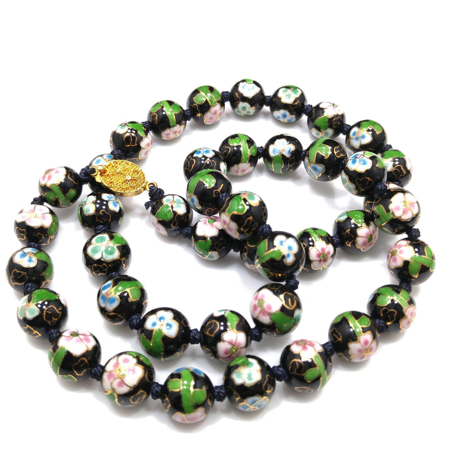 Vintage Black Cloisonné Floral Beaded Necklace, Pink Green Flowers, 1960s Vintage Jewelry