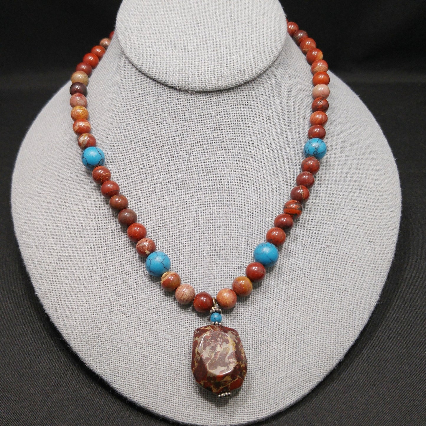 Gemstone Pendant Beaded Necklace, Red Jasper, 1980s Vintage Jewelry
