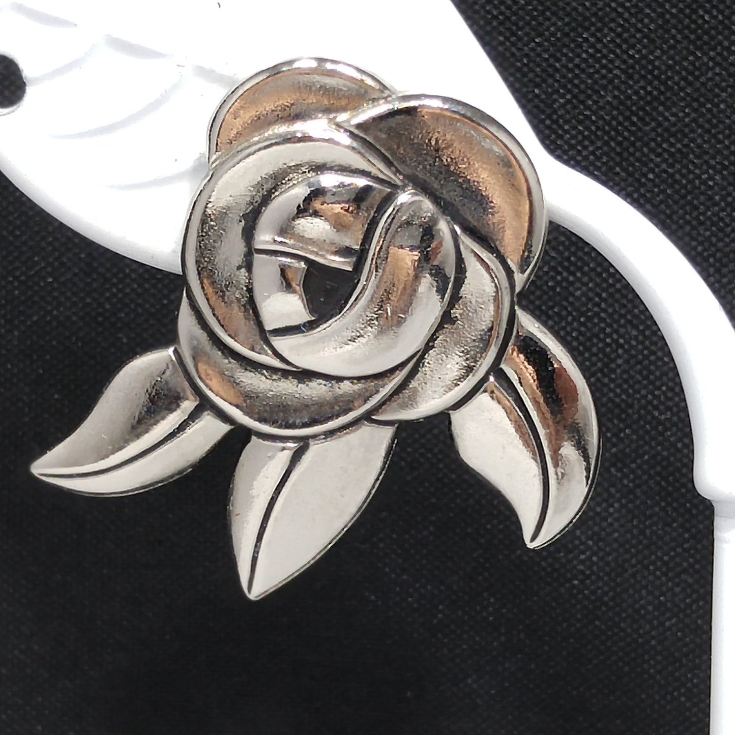 Vintage Laurel Burch Deco Rose Earrings, Rhodium Plated, Black Enamel, 1980s
