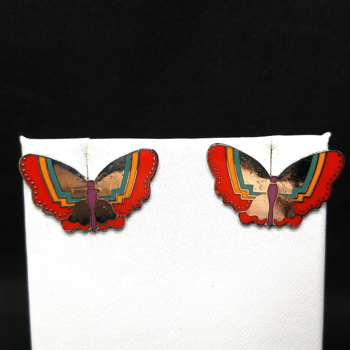 Laurel Burch "Papillon" Post Earrings, Butterfly Cloisonné Enamel, 1980s Vintage