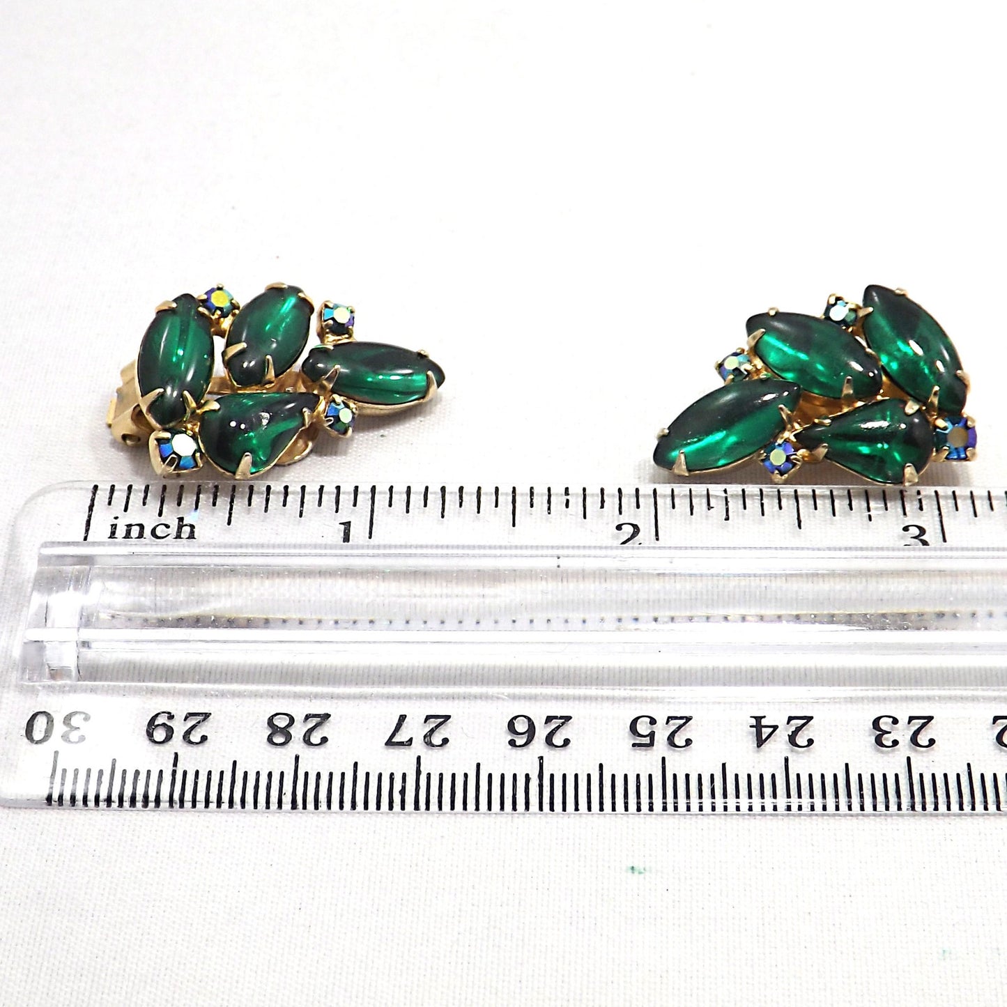 Vintage WEISS Green Clip Earrings, Gold Plated Green AB Rhinestones, 1960s