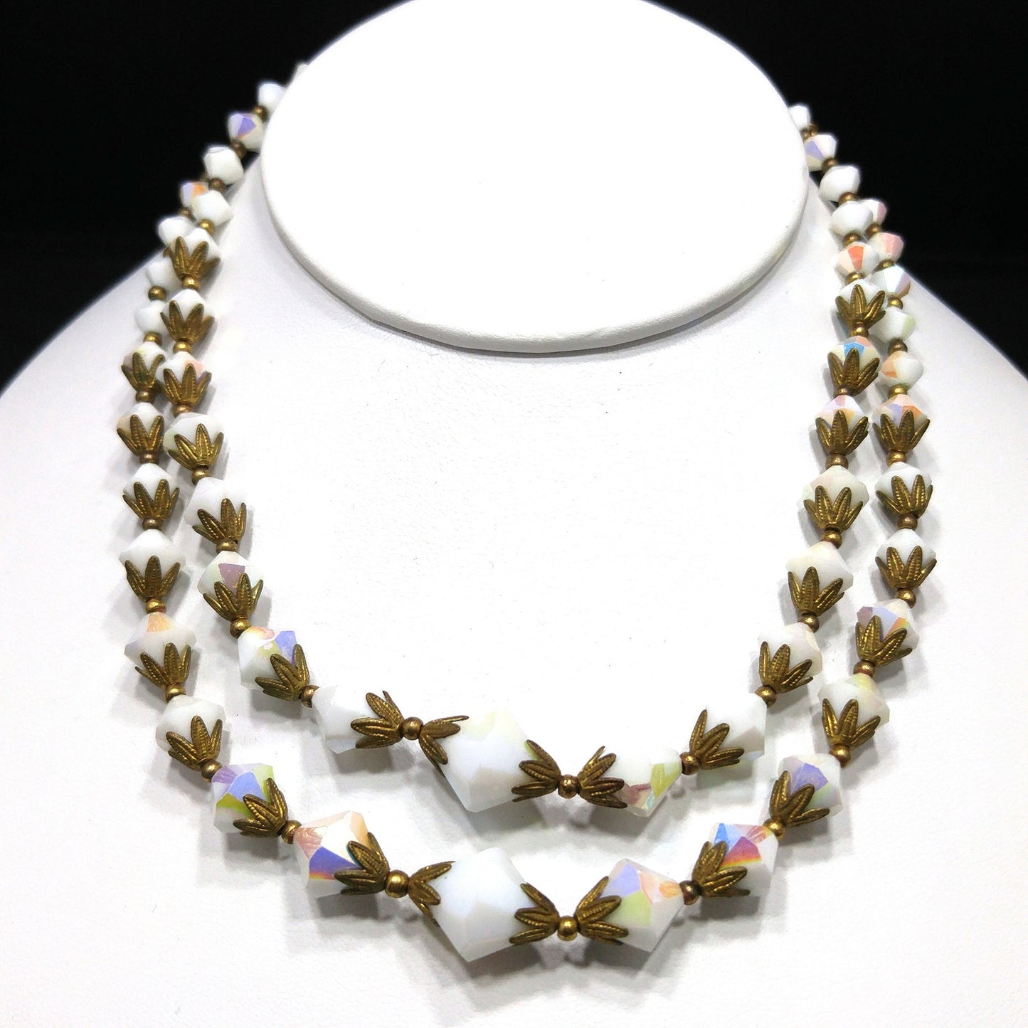 White Crystal Fire Polished Two Strand Necklace, Golden Brass End Caps, 1950s Vintage Jewelry
