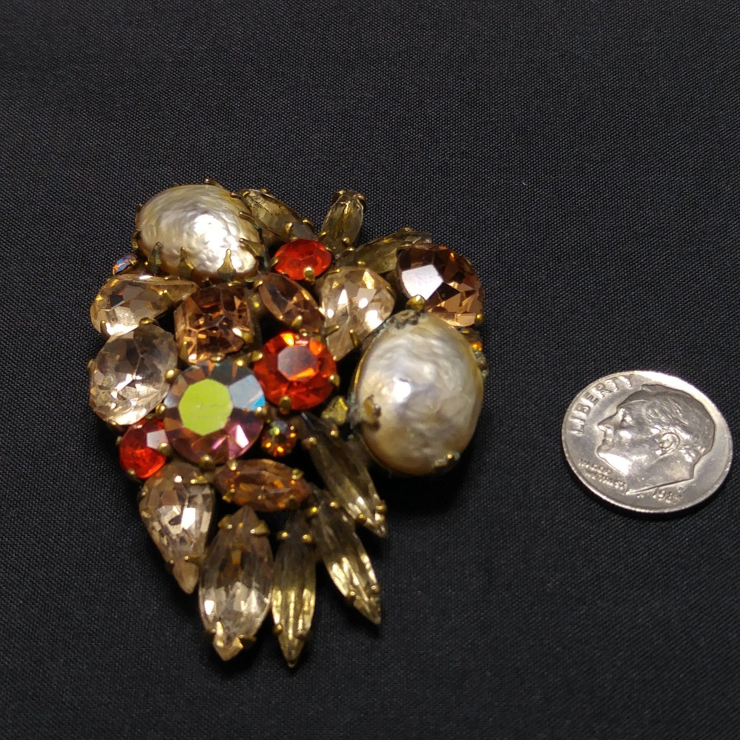 Weiss Faux Baroque Pearl Brooch, Orange Topaz Rhinestones Antique Gold, 1950s Vintage Jewelry