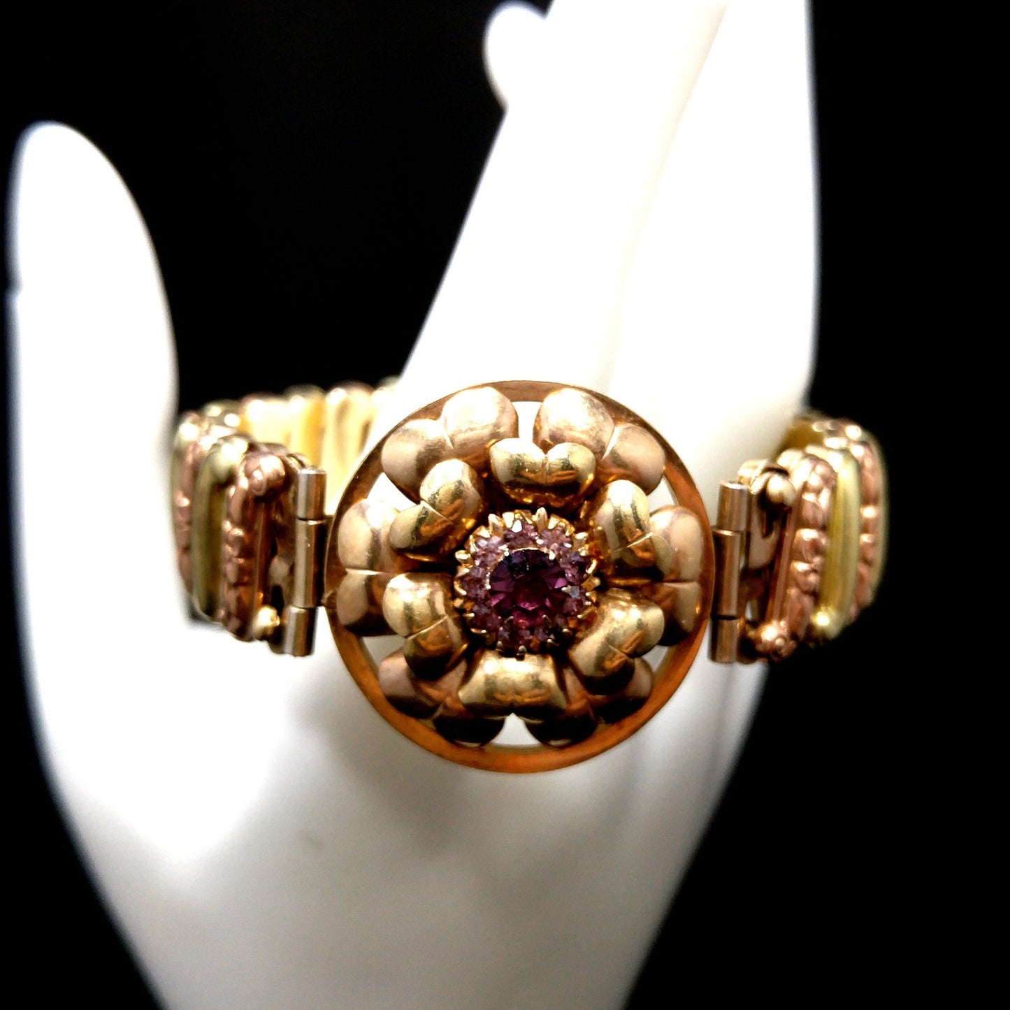 Antique Lustern Expansion Sweetheart Bracelet, 12KGF Sterling, Purple Rhinestones, 1920s Vintage Jewelry