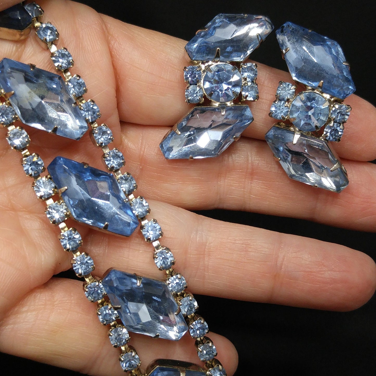 Light Blue Rhinestone Bracelet & Clip Earrings, Rhodium Plated, Ear Climbers, 1960s Vintage Jewelry