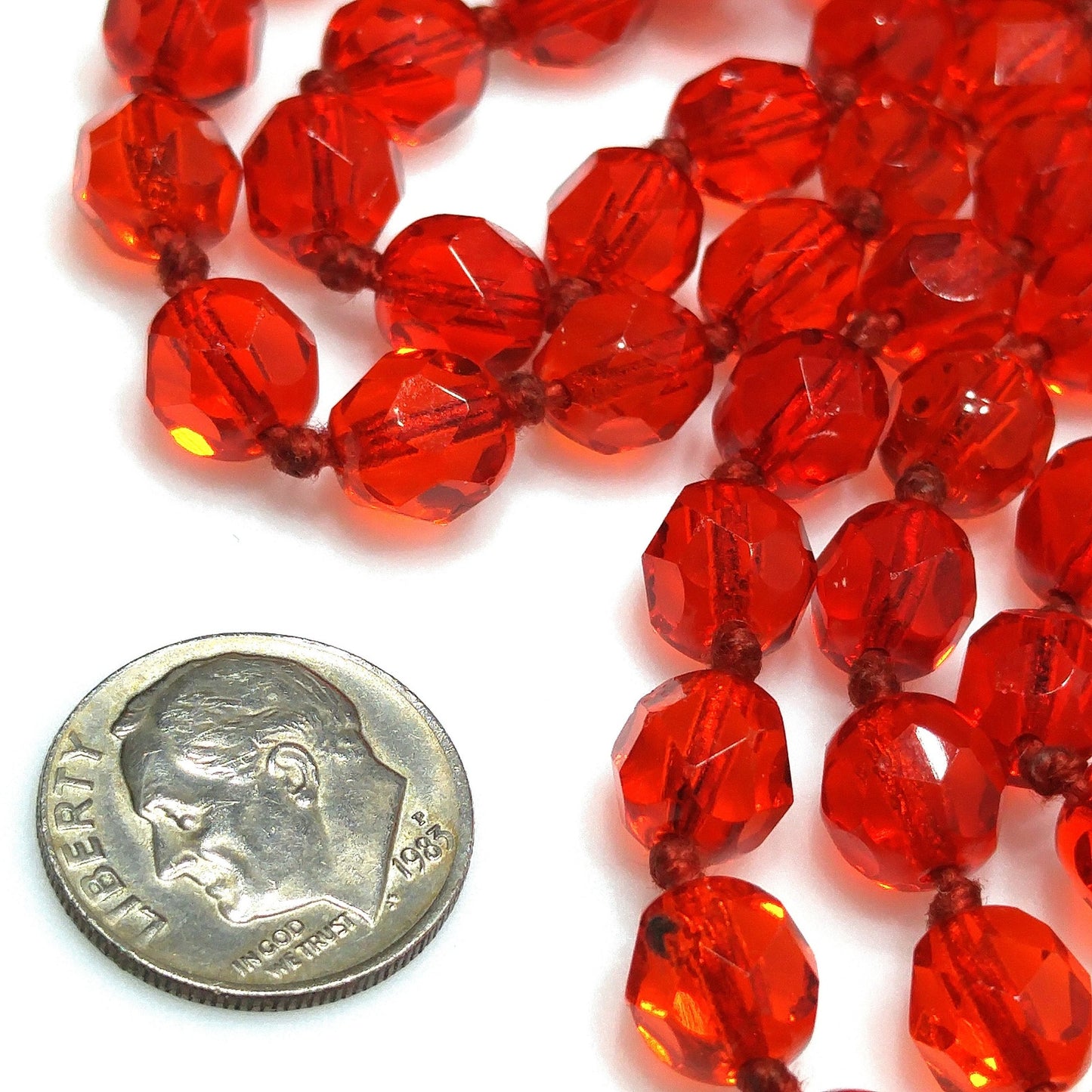 Vintage Red Crystal Hand Knotted Long Necklace, 62 Inches, No Clasp, 1960s Vintage Jewelry