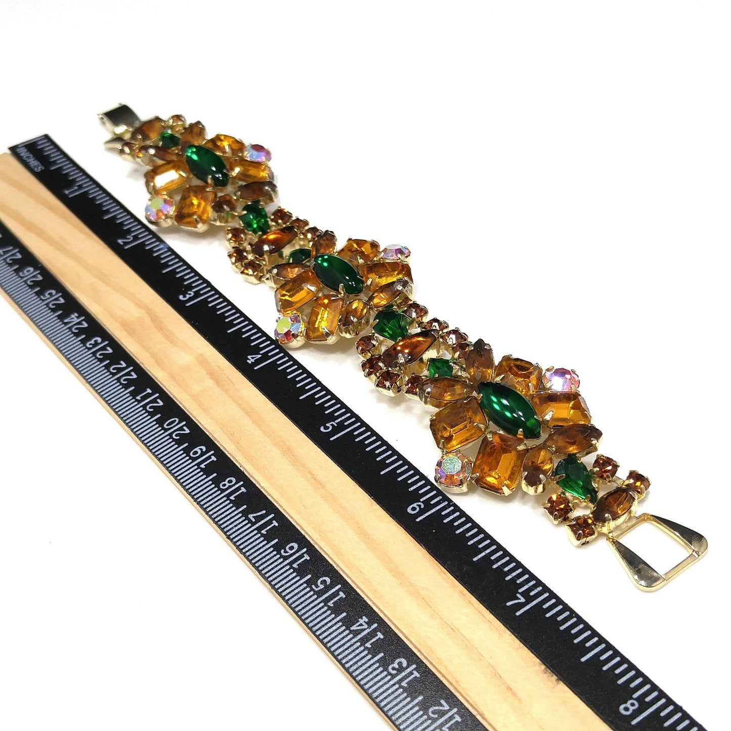 Light Topaz & Green Rhinestone Bracelet, Gold Plated, Aurora Borealis, 1960s Vintage Jewelry