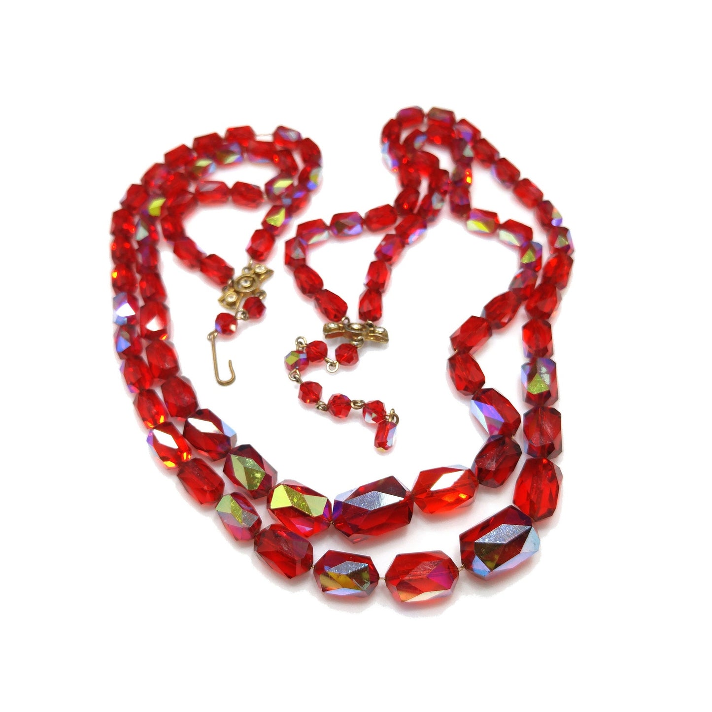 Red Aurora Borealis Graduated Beaded Two Strand Necklace on Chain, 1970s Vintage Jewelry